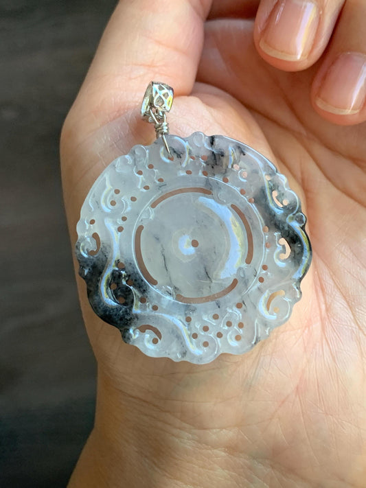 Natural Burmese Icy Translucent Gelatinous Wuji Jadeite Openwork Engraved Double Dragon Donut Pendant Sterling Silver 天然缅甸冰胶乌鸡翡翠双龙护主平安扣吊坠 B