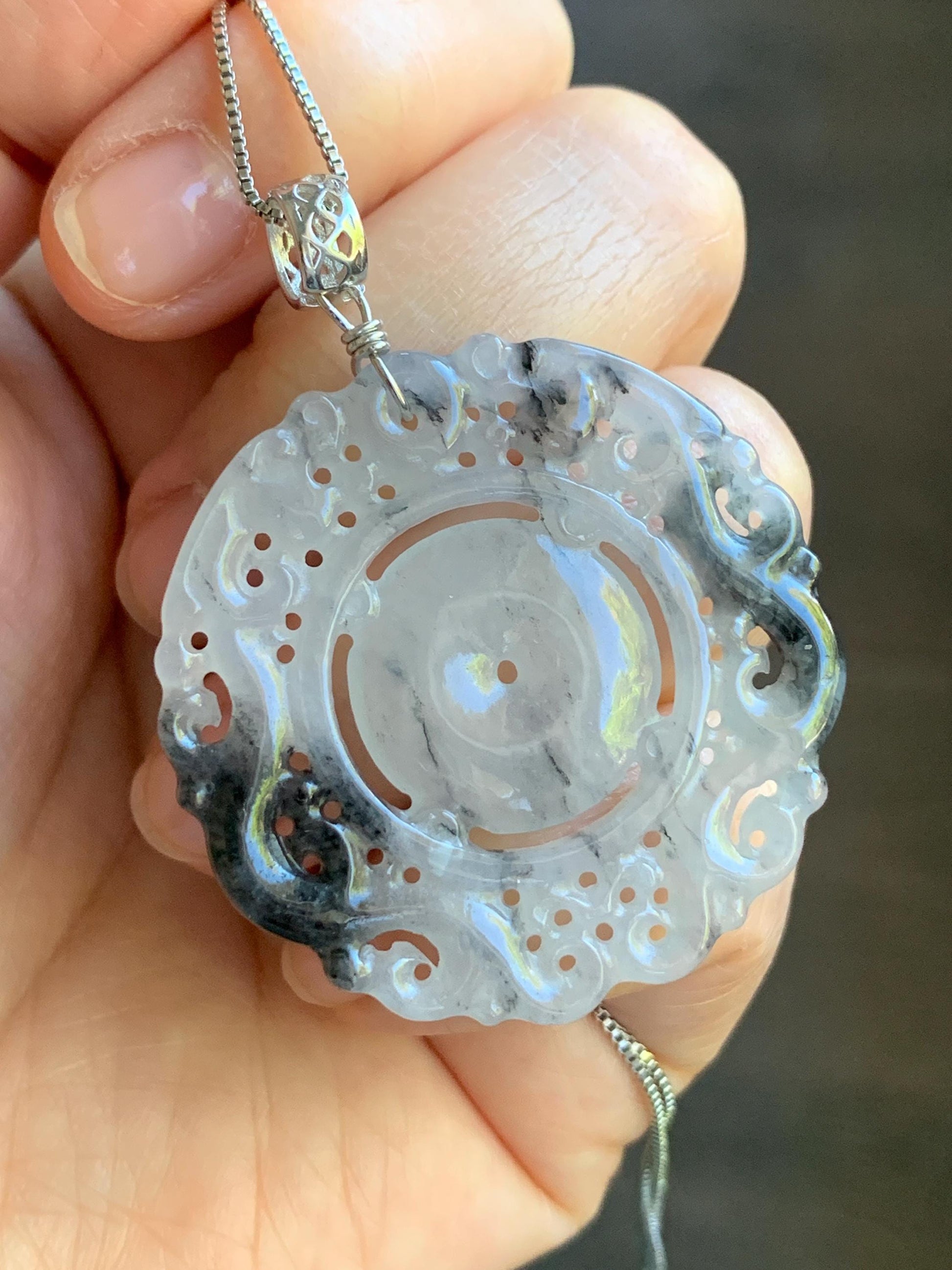 Natural Burmese Icy Translucent Gelatinous Wuji Jadeite Openwork Engraved Double Dragon Donut Pendant Sterling Silver 天然缅甸冰胶乌鸡翡翠双龙护主平安扣吊坠 B