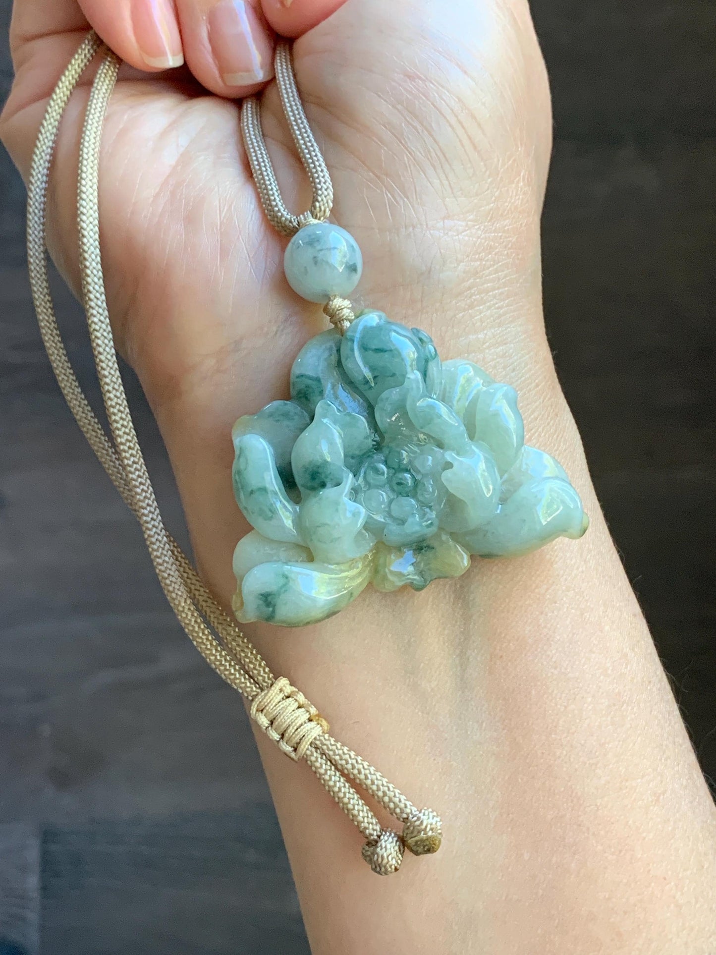 Natural Burmese Translucent Yellow & Green Marbling Tricolored Jadeite Carved Lotus Flower Rope Necklace Adjustable 29” 30g 天然缅甸糯种三彩翡翠莲花吊坠项链
