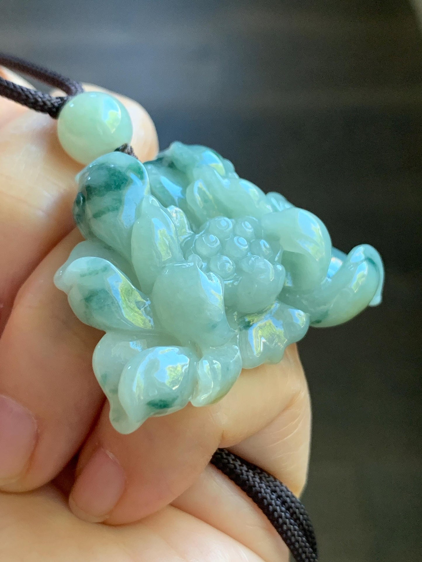 Natural Burmese Translucent Yellow & Green Marbling Tricolored Jadeite Carved Lotus Flower Rope Necklace Adjustable 30” 25g 天然缅甸糯种三彩翡翠莲花吊坠项链