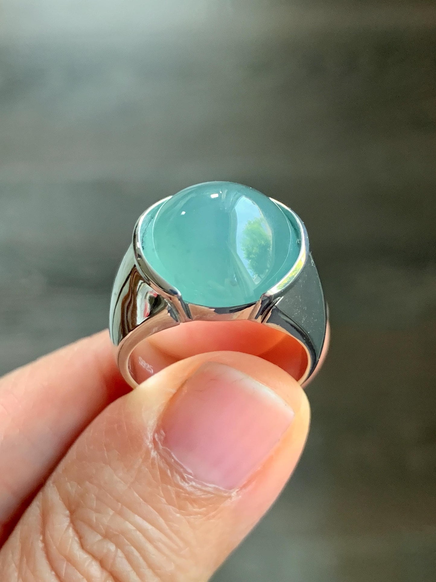 Certified Natural Guatemalan Icy Highly Translucent Teal Blue Jadeite Round Cabochon Solitaire Ring Sterling Silver size 7 天然冰危蓝水翡翠蛋面戒指 3617
