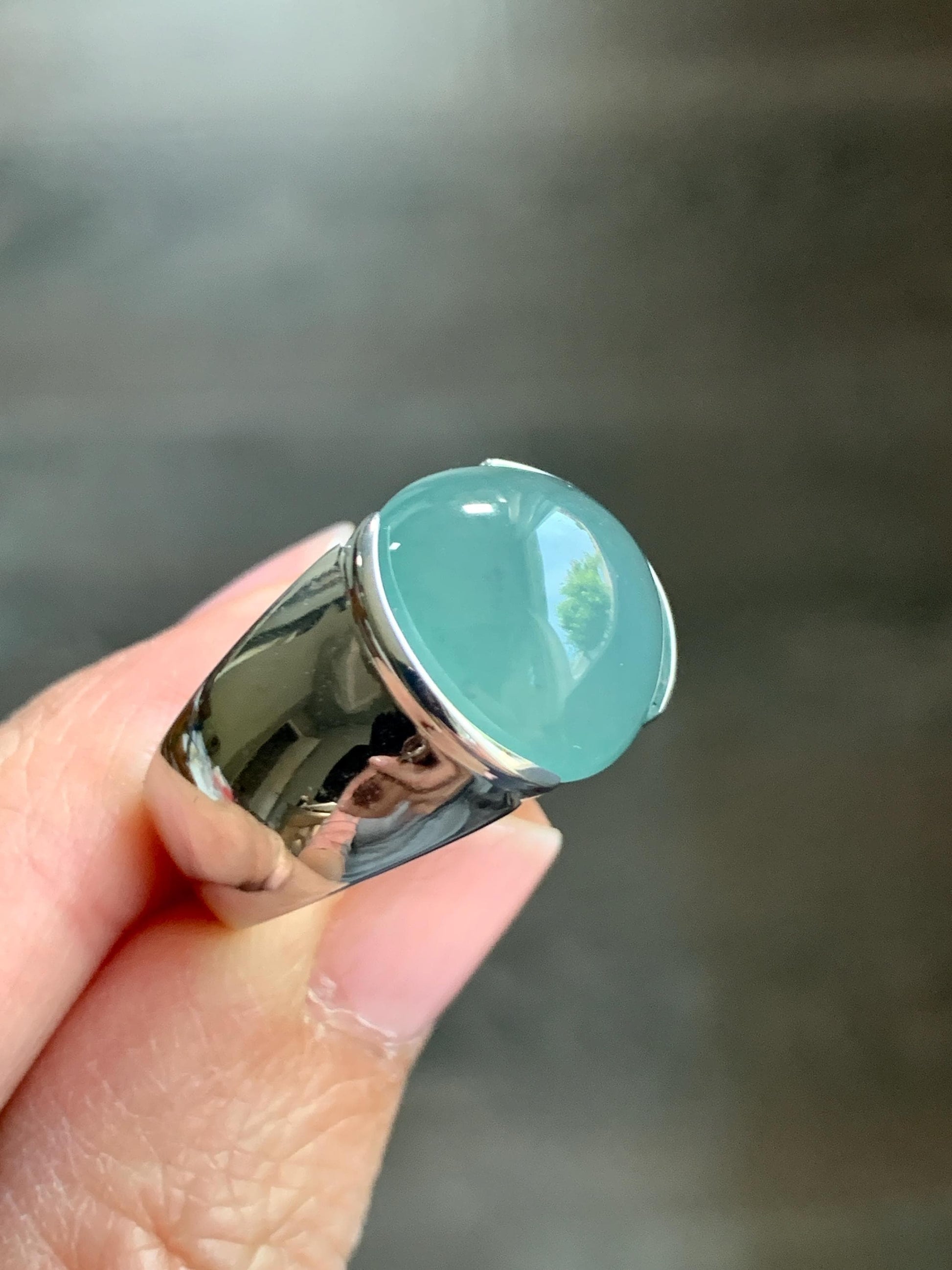 Certified Natural Guatemalan Icy Highly Translucent Teal Blue Jadeite Round Cabochon Solitaire Ring Sterling Silver size 7 天然冰危蓝水翡翠蛋面戒指 3617