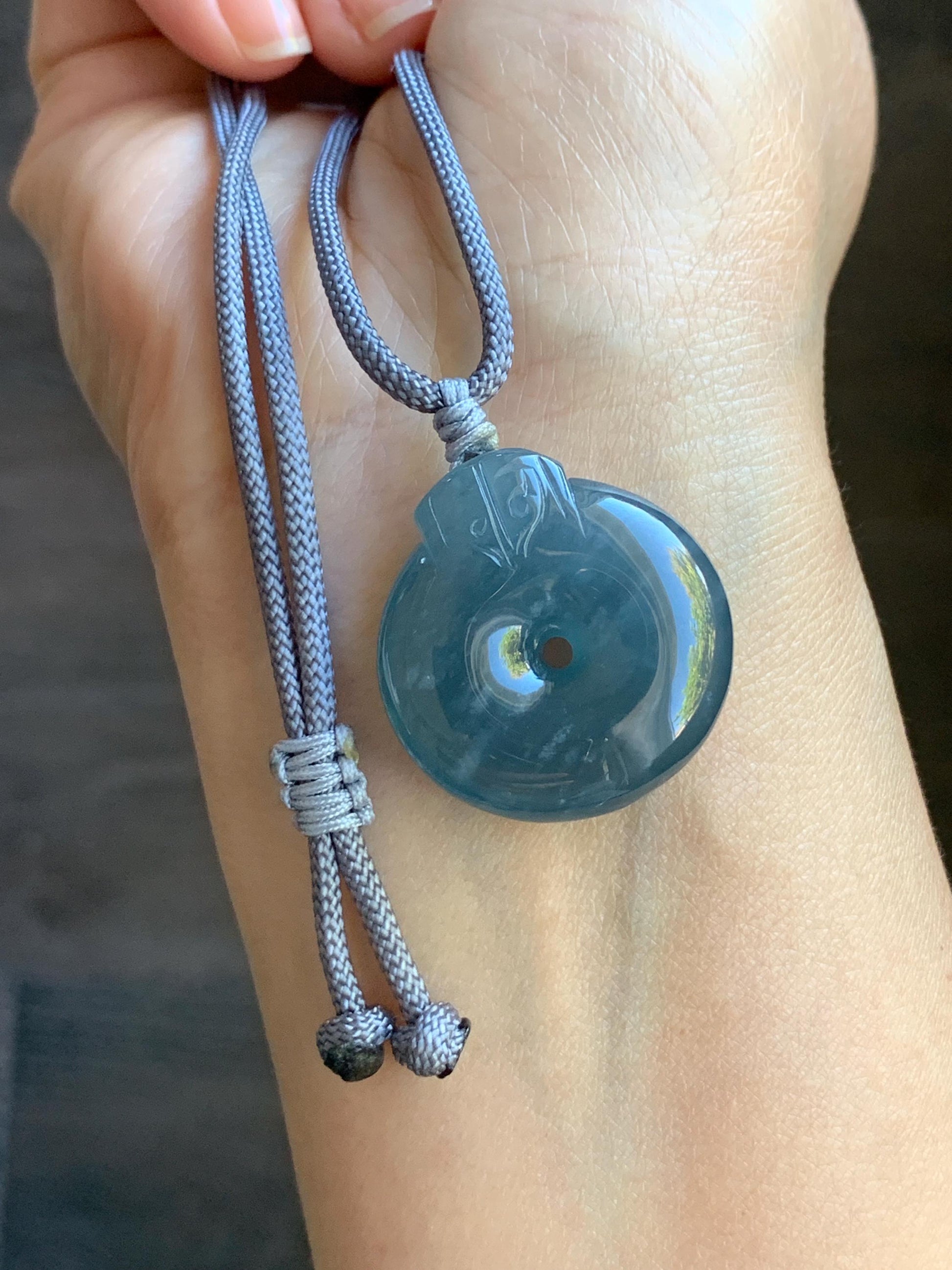 Natural Guatemalan Icy Highly Translucent Indigo Blue Blueberry Jadeite Retro Style Ping An Kou Donut Pendant Rope Necklace 天然老种冰危蓝莓翡翠平安扣吊坠