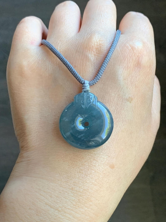 Natural Guatemalan Icy Highly Translucent Indigo Blue Blueberry Jadeite Retro Style Ping An Kou Donut Pendant Rope Necklace 天然老种冰危蓝莓翡翠平安扣吊坠
