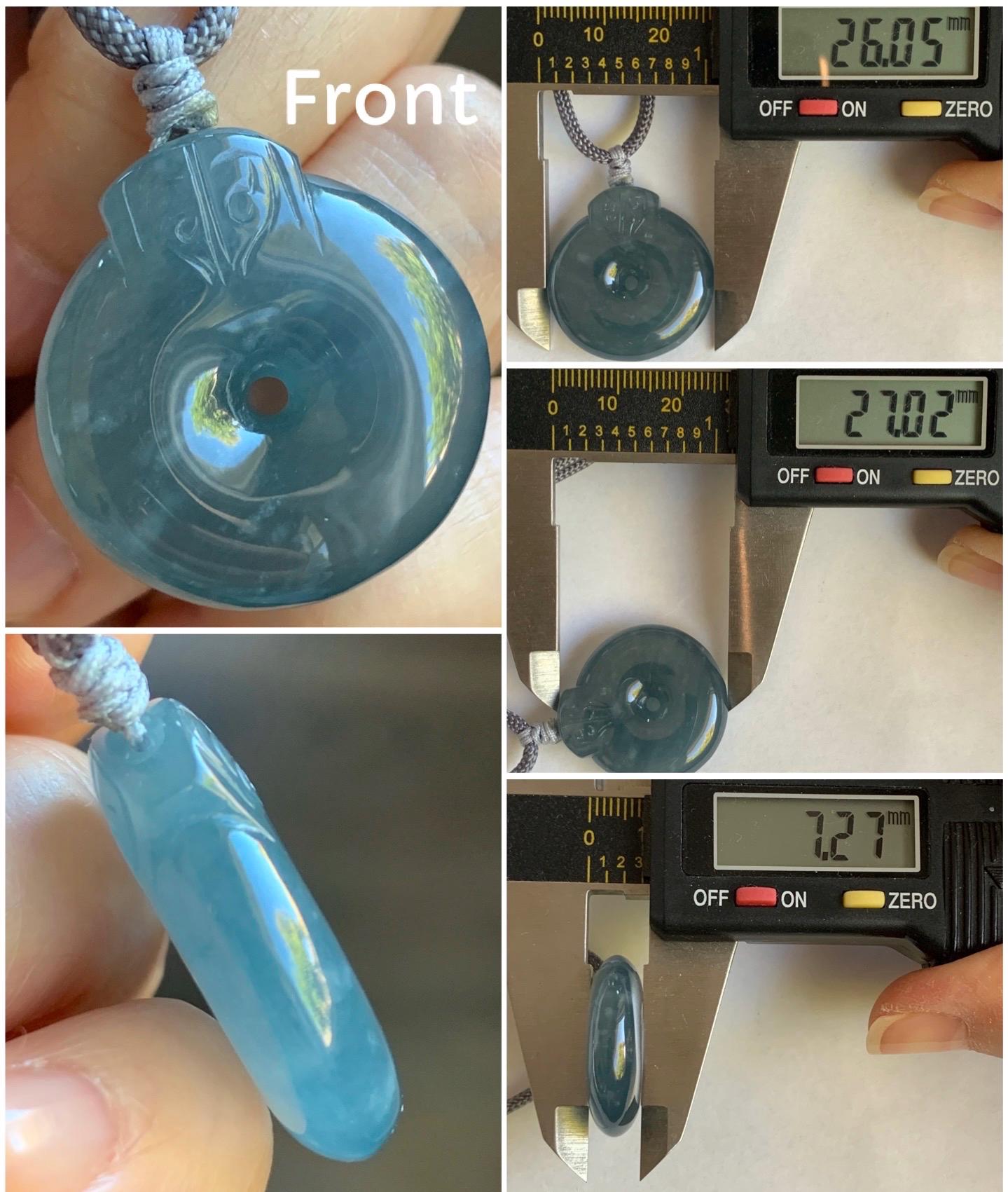 Natural Guatemalan Icy Highly Translucent Indigo Blue Blueberry Jadeite Retro Style Ping An Kou Donut Pendant Rope Necklace 天然老种冰危蓝莓翡翠平安扣吊坠