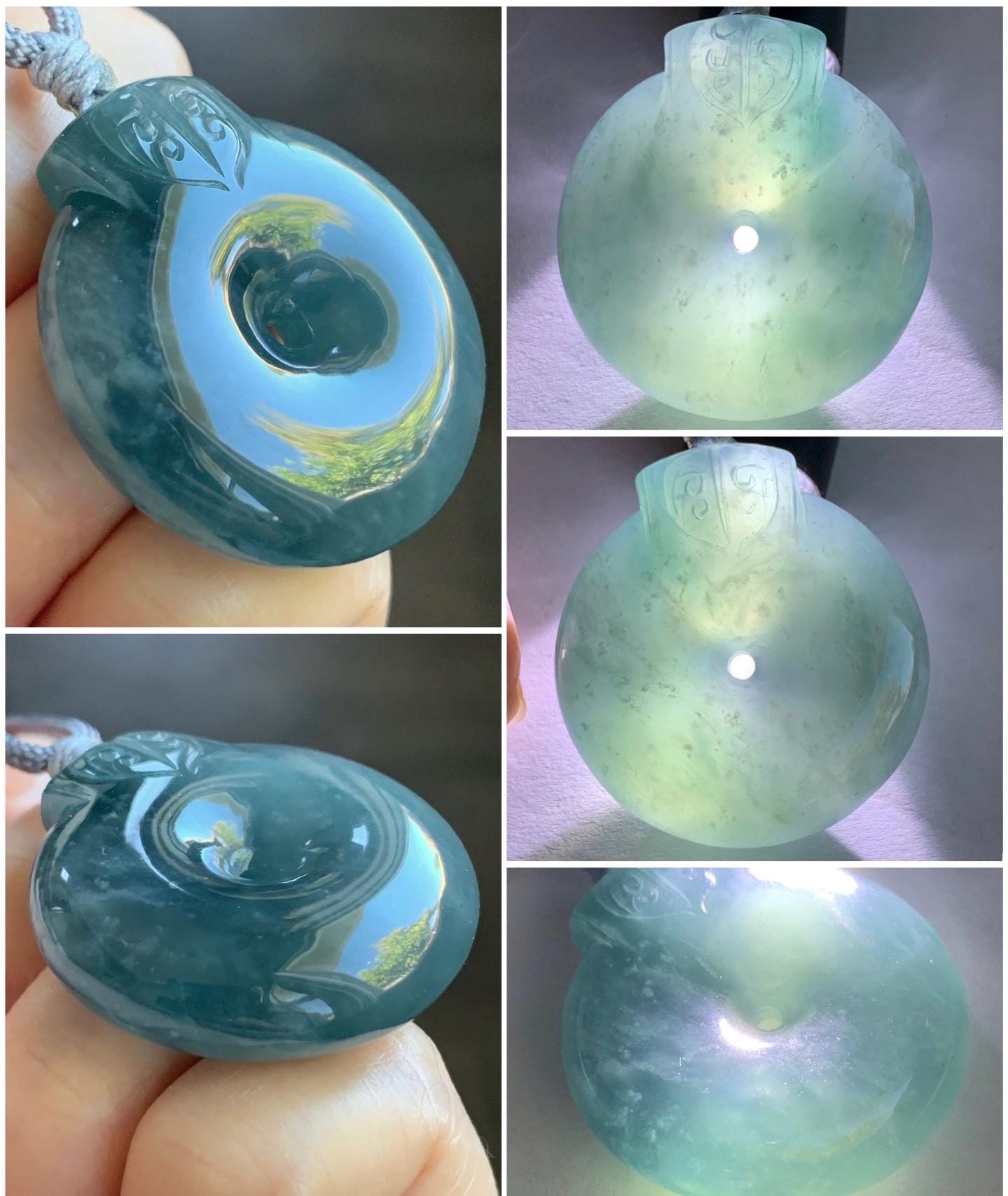 Large Natural Guatemalan Icy Translucent Indigo Blue Blueberry Jadeite Retro Style Ping An Kou Donut Pendant Rope Necklace 天然老种冰危蓝莓翡翠平安扣吊坠