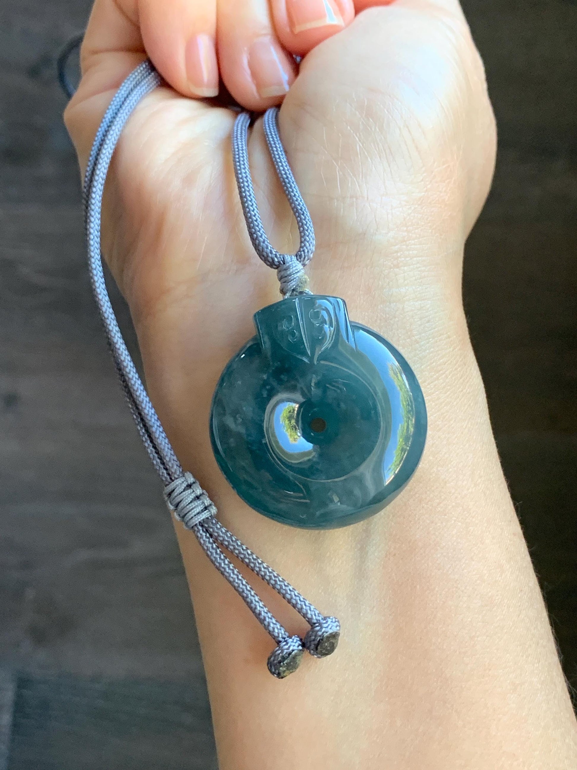 Large Natural Guatemalan Icy Translucent Indigo Blue Blueberry Jadeite Retro Style Ping An Kou Donut Pendant Rope Necklace 天然老种冰危蓝莓翡翠平安扣吊坠
