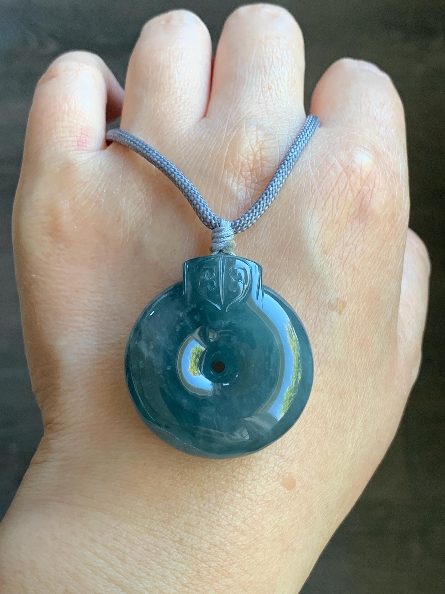Large Natural Guatemalan Icy Translucent Indigo Blue Blueberry Jadeite Retro Style Ping An Kou Donut Pendant Rope Necklace 天然老种冰危蓝莓翡翠平安扣吊坠