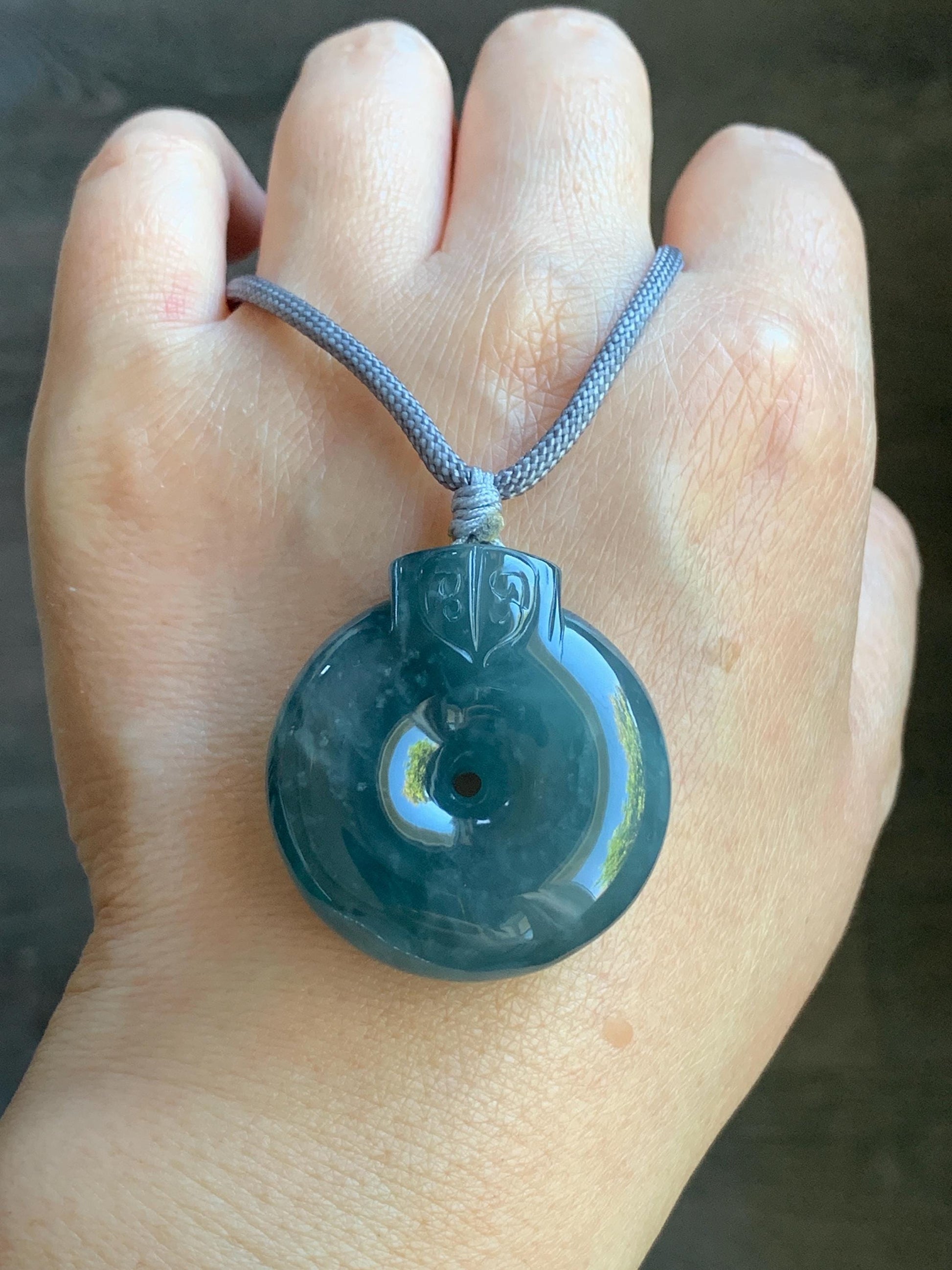 Large Natural Guatemalan Icy Translucent Indigo Blue Blueberry Jadeite Retro Style Ping An Kou Donut Pendant Rope Necklace 天然老种冰危蓝莓翡翠平安扣吊坠