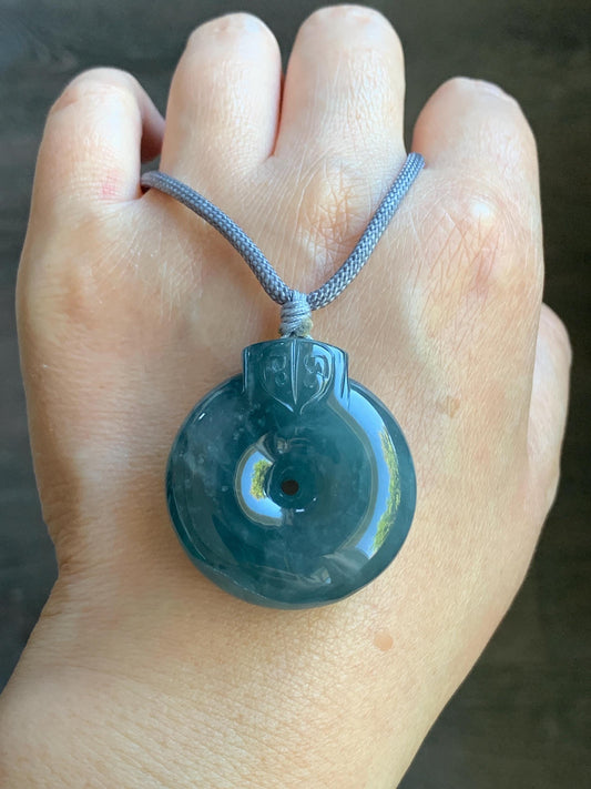 Large Natural Guatemalan Icy Translucent Indigo Blue Blueberry Jadeite Retro Style Ping An Kou Donut Pendant Rope Necklace 天然老种冰危蓝莓翡翠平安扣吊坠