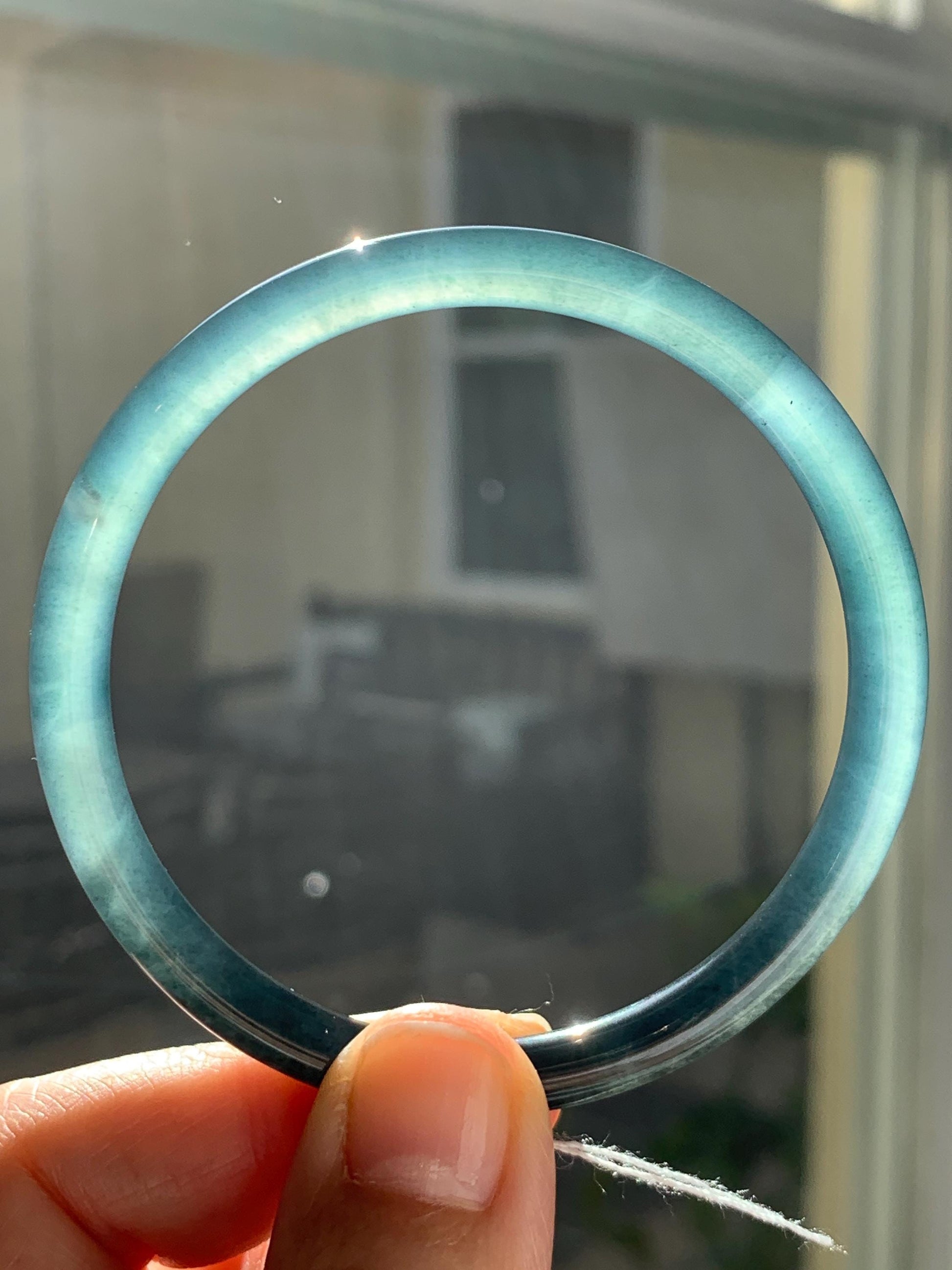 Certified Natural Guatemalan Icy Highly Translucent Dark Teal Blue Wuji Bangle Bracelet 56.4mm 5.8x5.8mm 18.1g 天然冰危乌鸡蓝翡翠细条正圈手镯 6908