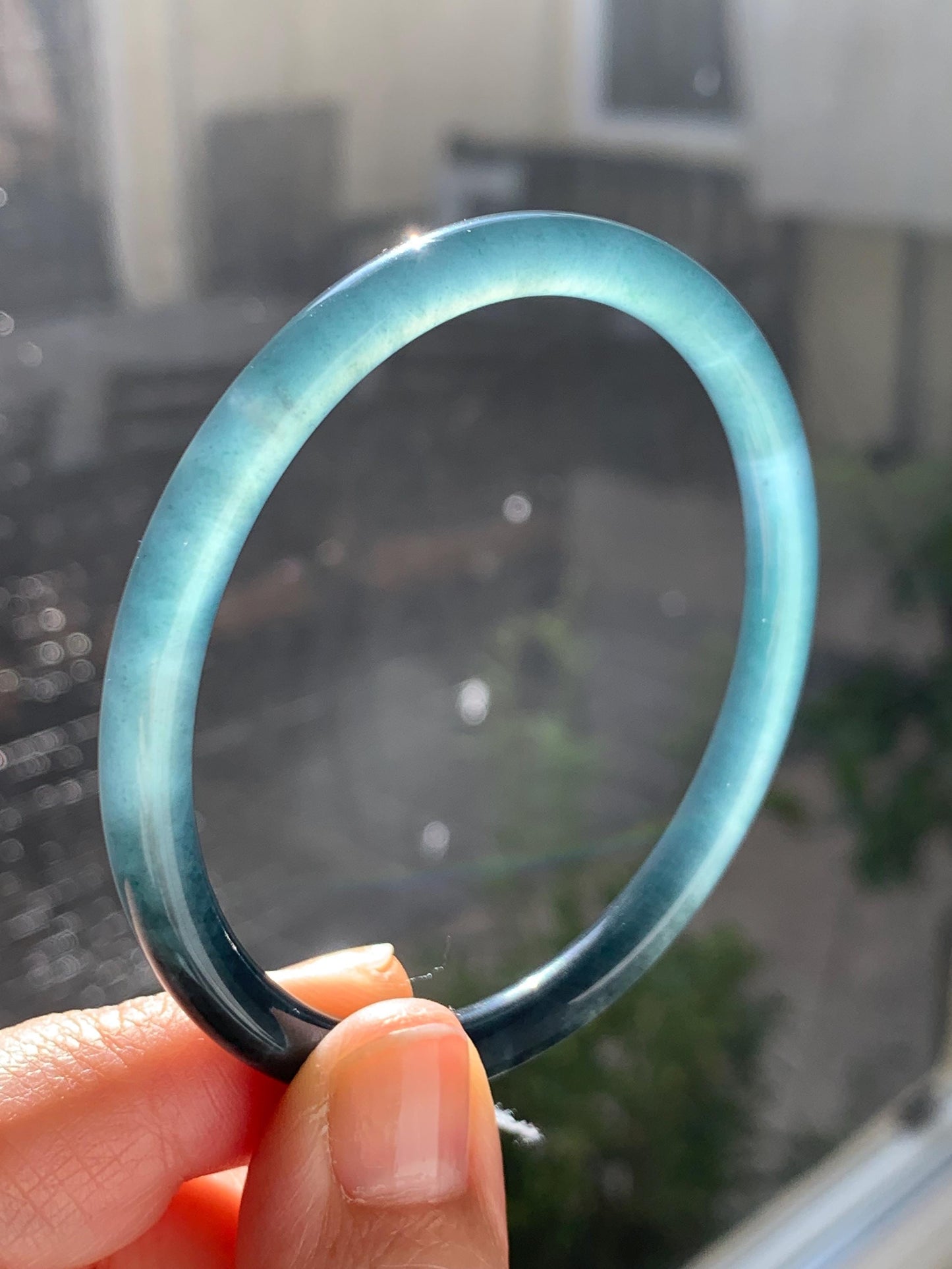Certified Natural Guatemalan Icy Highly Translucent Dark Teal Blue Wuji Bangle Bracelet 56.4mm 5.8x5.8mm 18.1g 天然冰危乌鸡蓝翡翠细条正圈手镯 6908