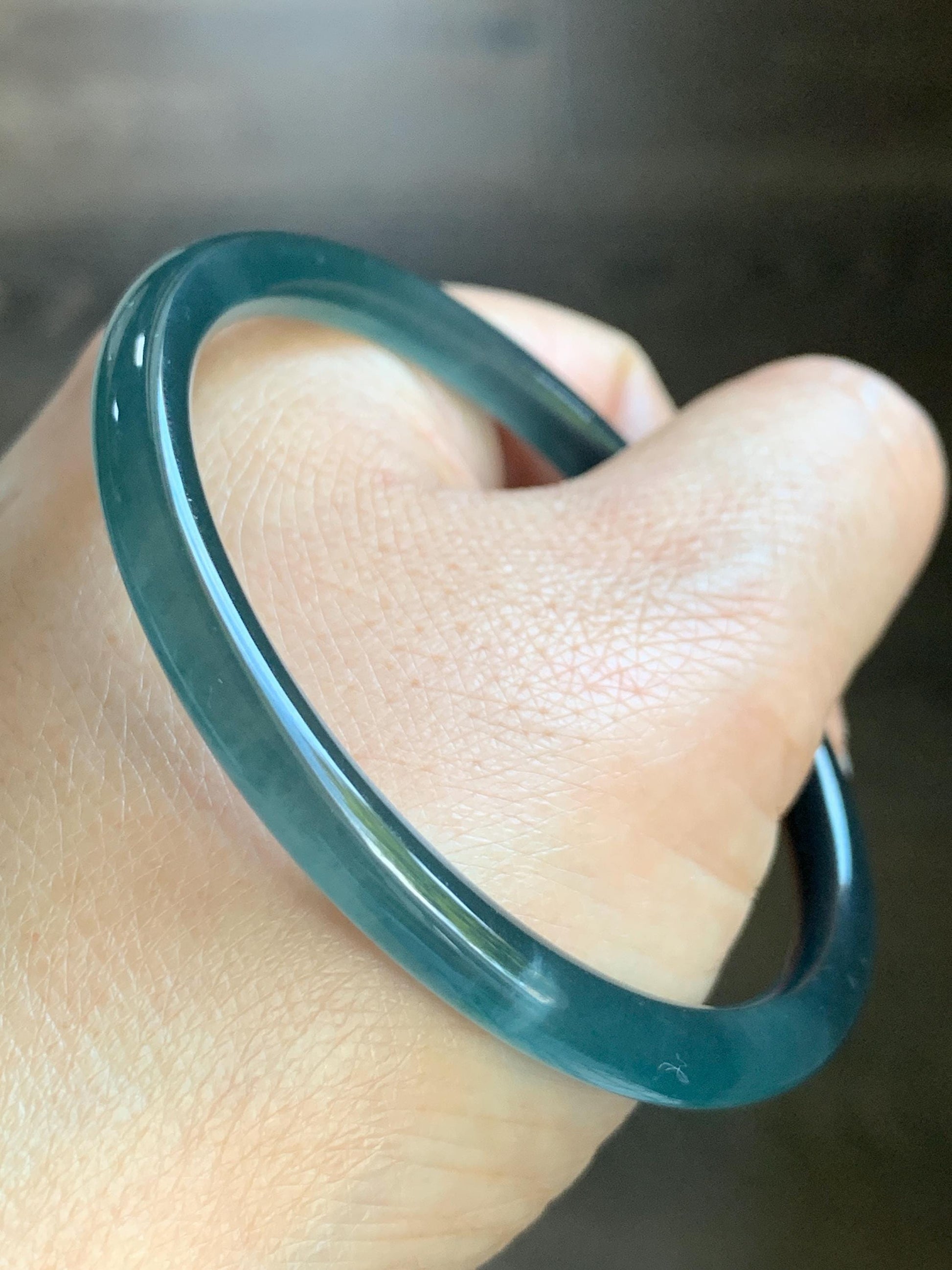 Certified Natural Guatemalan Icy Highly Translucent Dark Teal Blue Wuji Bangle Bracelet 56.4mm 5.8x5.8mm 18.1g 天然冰危乌鸡蓝翡翠细条正圈手镯 6908