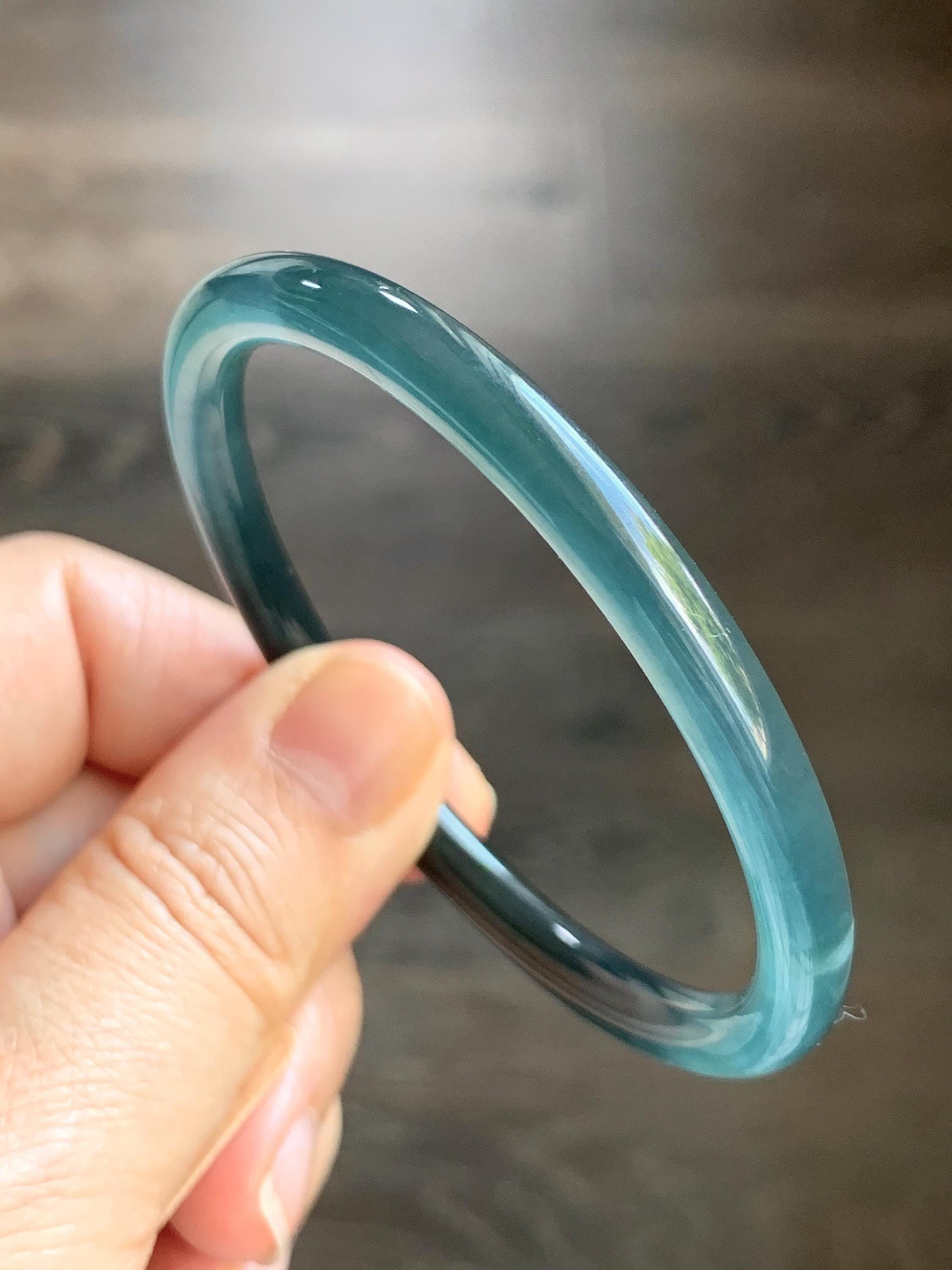 Certified Natural Guatemalan Icy Highly Translucent Dark Teal Blue Wuji Bangle Bracelet 56.4mm 5.8x5.8mm 18.1g 天然冰危乌鸡蓝翡翠细条正圈手镯 6908