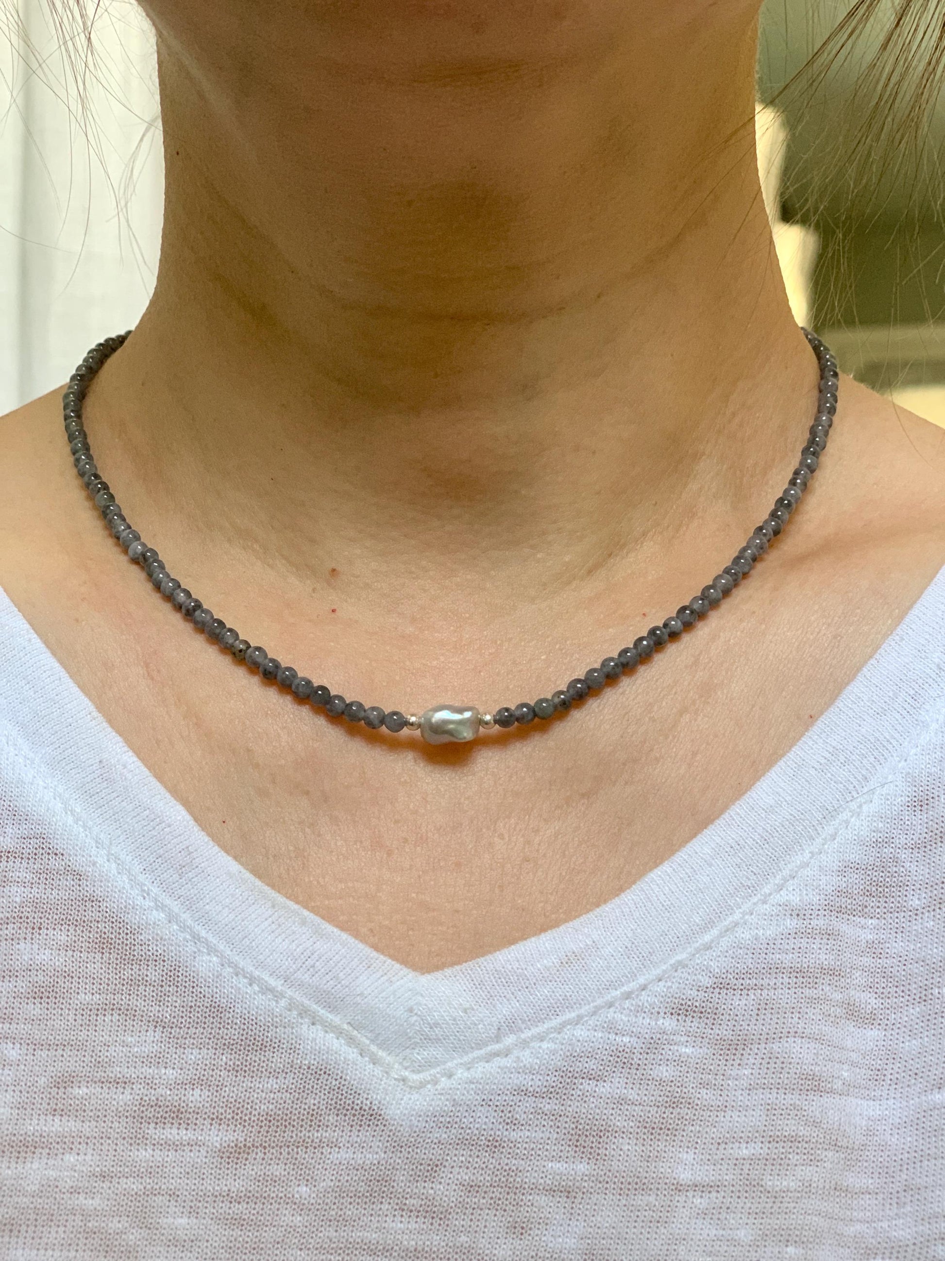 Natural Burmese Icy Translucent White Wuji Jadeite Genuine Baroque Pearl Sterling Silver Beaded Necklace 17”-18” 9g 天然缅甸冰胶浅乌鸡翡翠小珠海水巴洛克珍珠项链