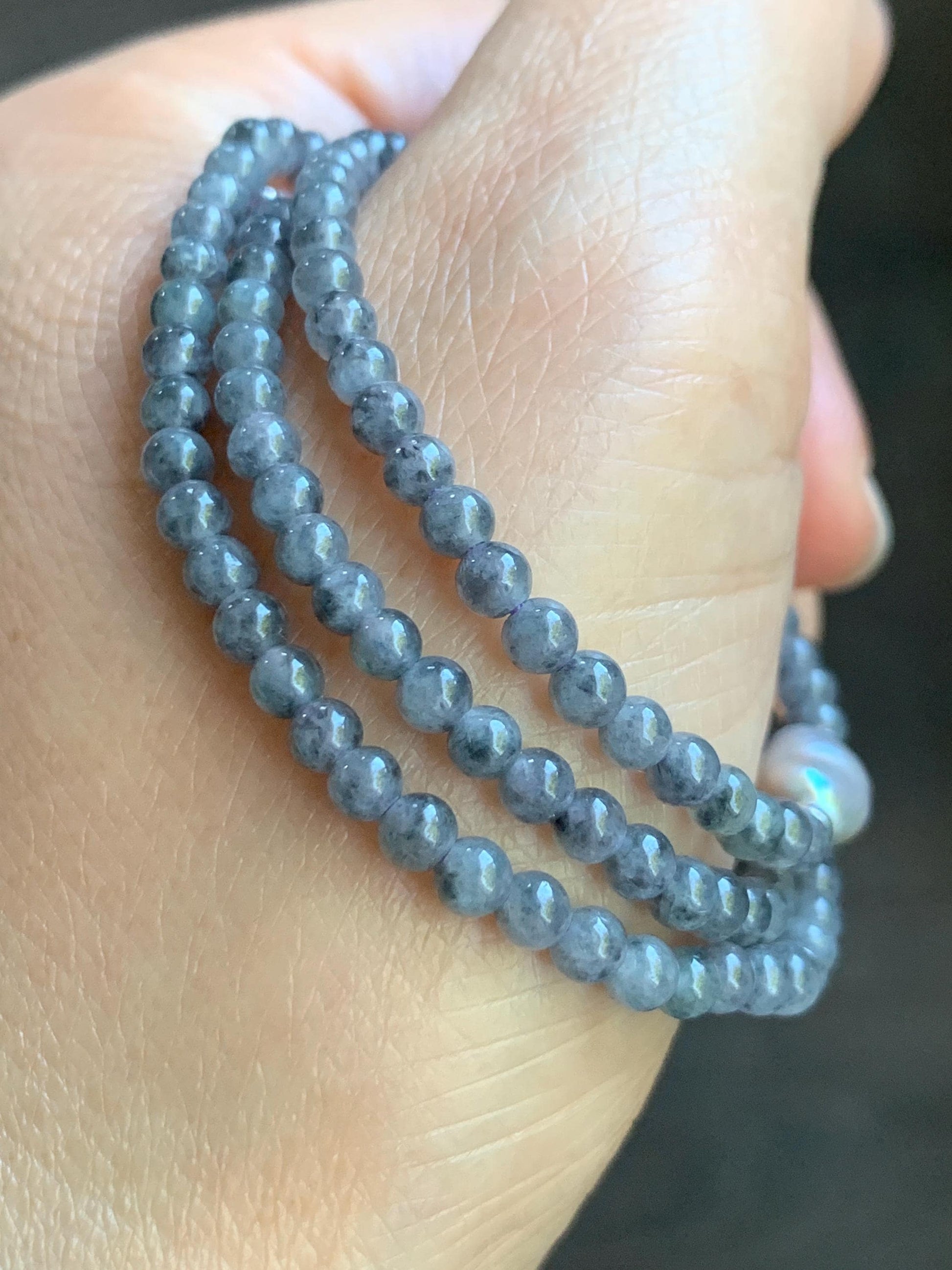 Natural Burmese Icy Translucent White Wuji Jadeite Genuine Baroque Pearl Sterling Silver Beaded Necklace 17”-18” 9g 天然缅甸冰胶浅乌鸡翡翠小珠海水巴洛克珍珠项链