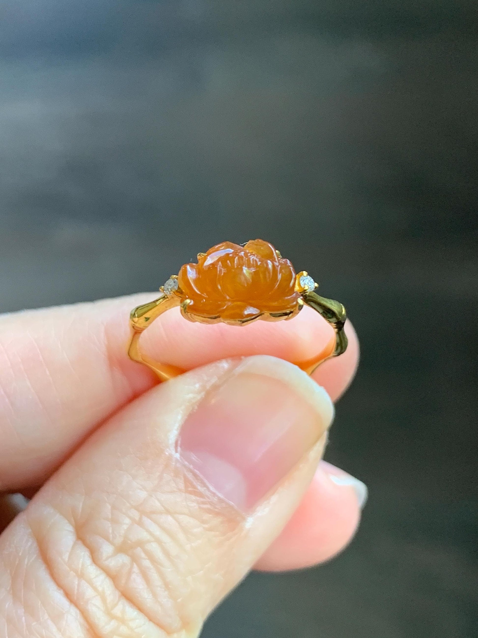 Certified Natural Burmese Icy Translucent Rich Cognac Jadeite Lotus Flower Ring 18K Yellow Gold Diamonds Size 7.25 US 2g 天然缅甸冰红翡翠莲花镶嵌戒指 3043