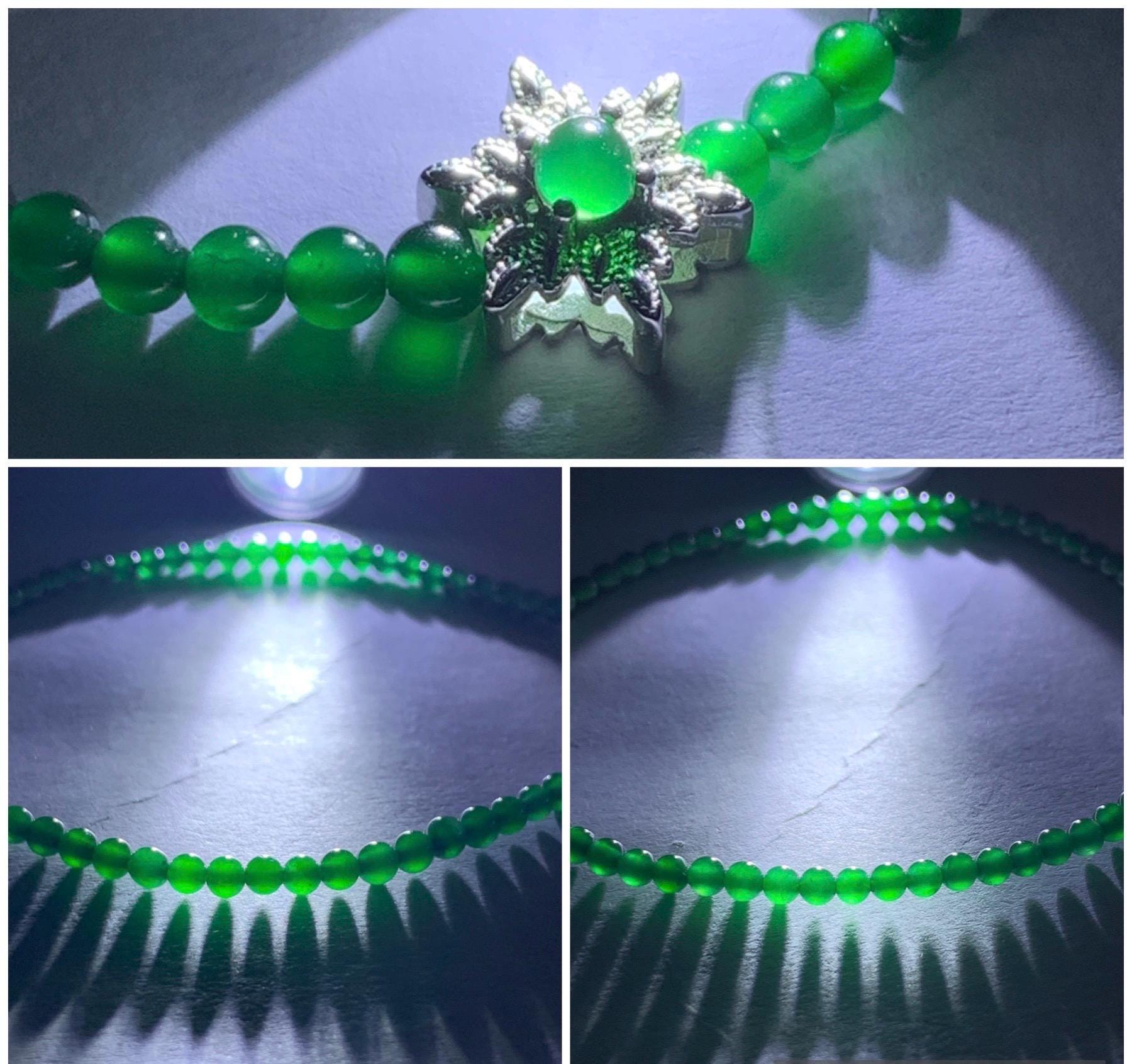 Natural Guatemalan Icy Highly Translucent Vibrant Green Jadeite Petite Beads Snowflake Beaded Bracelet 7” Sterling Silver 天然高冰危绿翡翠小圆珠雪花潘多拉手串