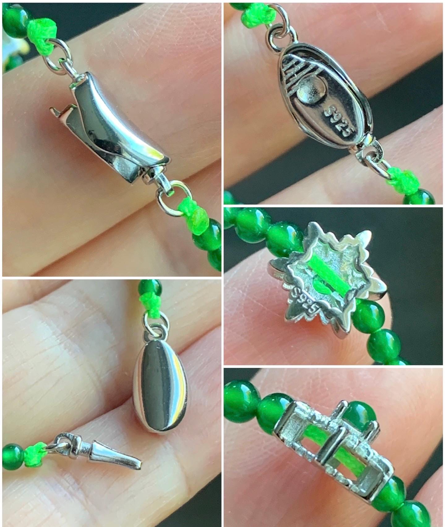 Natural Guatemalan Icy Highly Translucent Vibrant Green Jadeite Petite Beads Snowflake Beaded Bracelet 7” Sterling Silver 天然高冰危绿翡翠小圆珠雪花潘多拉手串