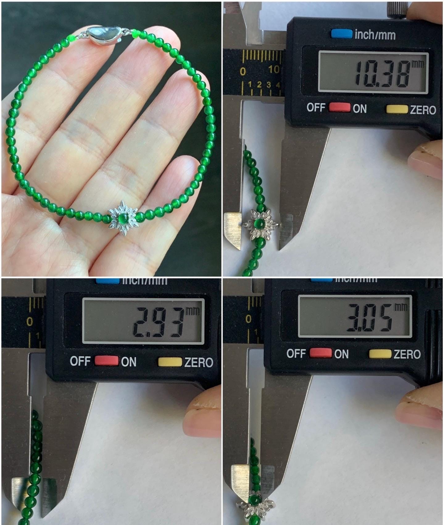 Natural Guatemalan Icy Highly Translucent Vibrant Green Jadeite Petite Beads Snowflake Beaded Bracelet 7” Sterling Silver 天然高冰危绿翡翠小圆珠雪花潘多拉手串