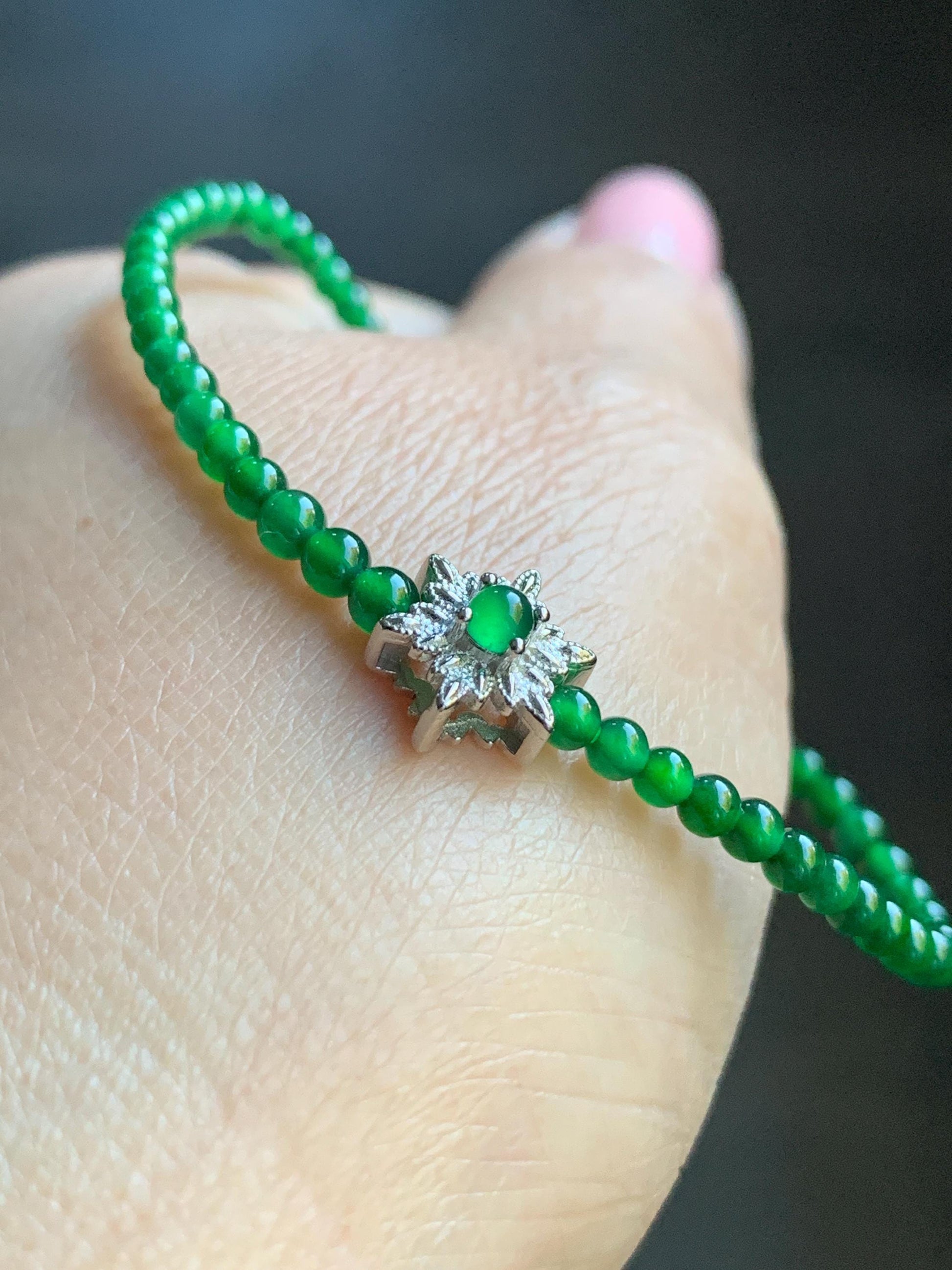 Natural Guatemalan Icy Highly Translucent Vibrant Green Jadeite Petite Beads Snowflake Beaded Bracelet 7” Sterling Silver 天然高冰危绿翡翠小圆珠雪花潘多拉手串