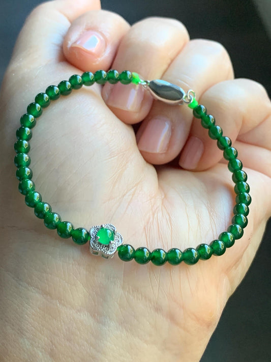 Natural Guatemalan Icy Translucent Vibrant Jadeite Petite Beads Cherry Blossom Charm Beaded Bracelet 6.75” Sterling Silver 天然冰危绿翡翠小圆珠梅花潘多拉手串