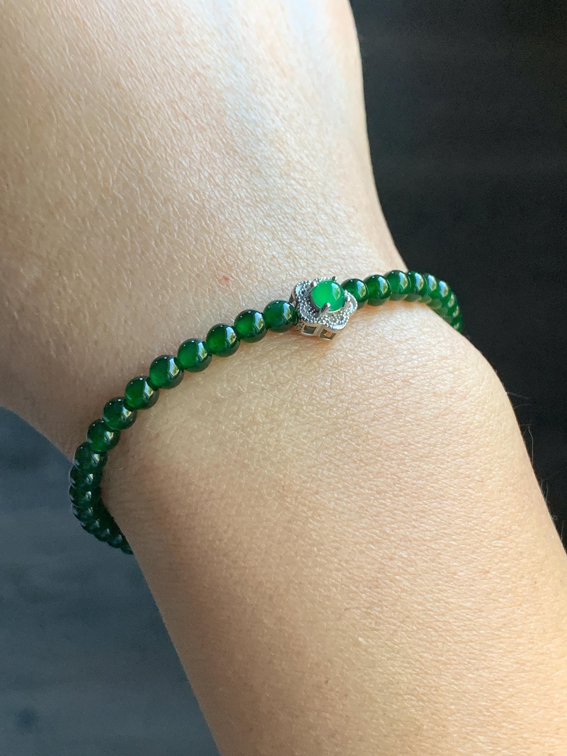 Natural Guatemalan Icy Translucent Vibrant Jadeite Petite Beads Cherry Blossom Charm Beaded Bracelet 6.75” Sterling Silver 天然冰危绿翡翠小圆珠梅花潘多拉手串