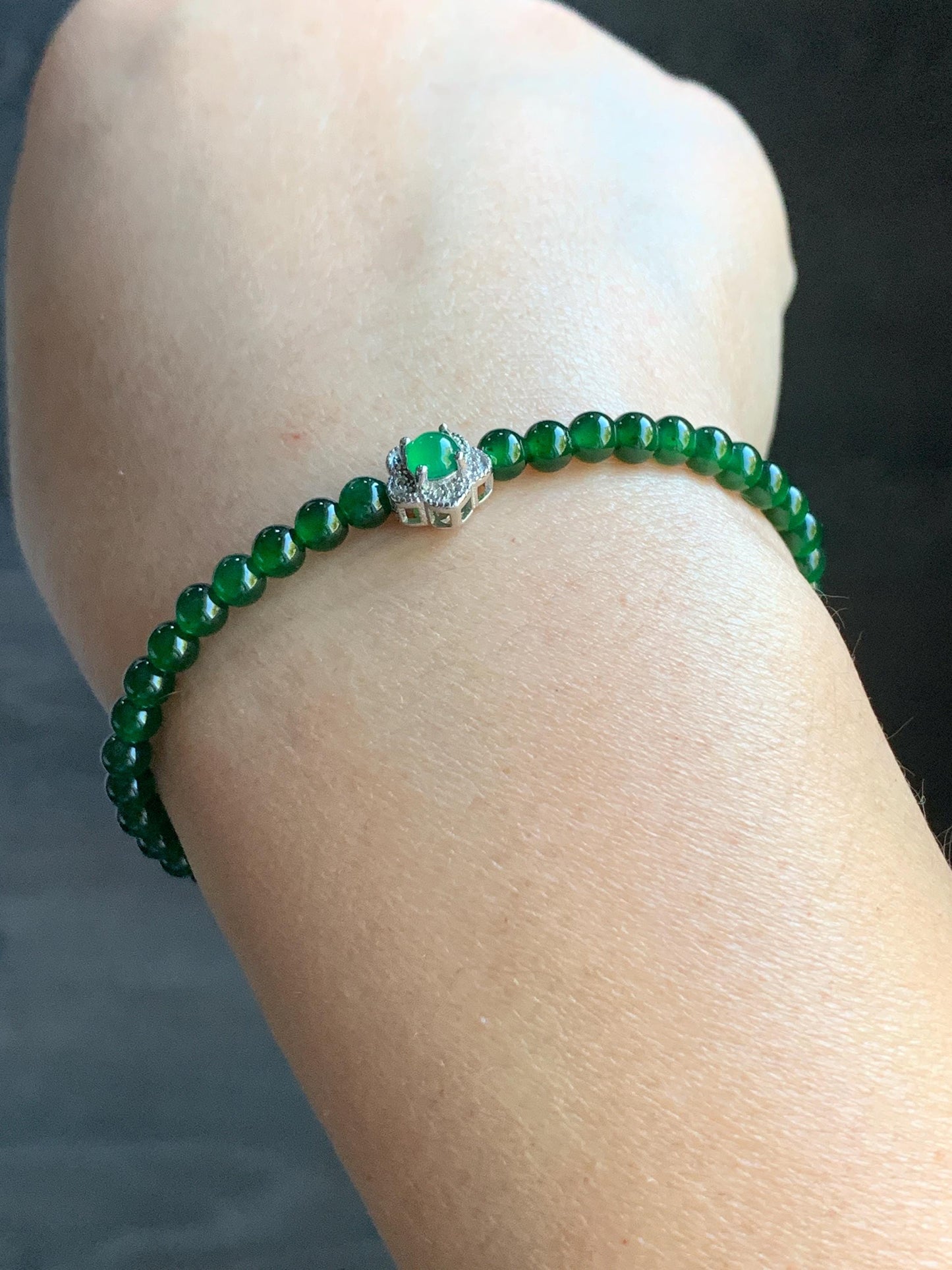 Natural Guatemalan Icy Translucent Vibrant Jadeite Petite Beads Cherry Blossom Charm Beaded Bracelet 6.75” Sterling Silver 天然冰危绿翡翠小圆珠梅花潘多拉手串