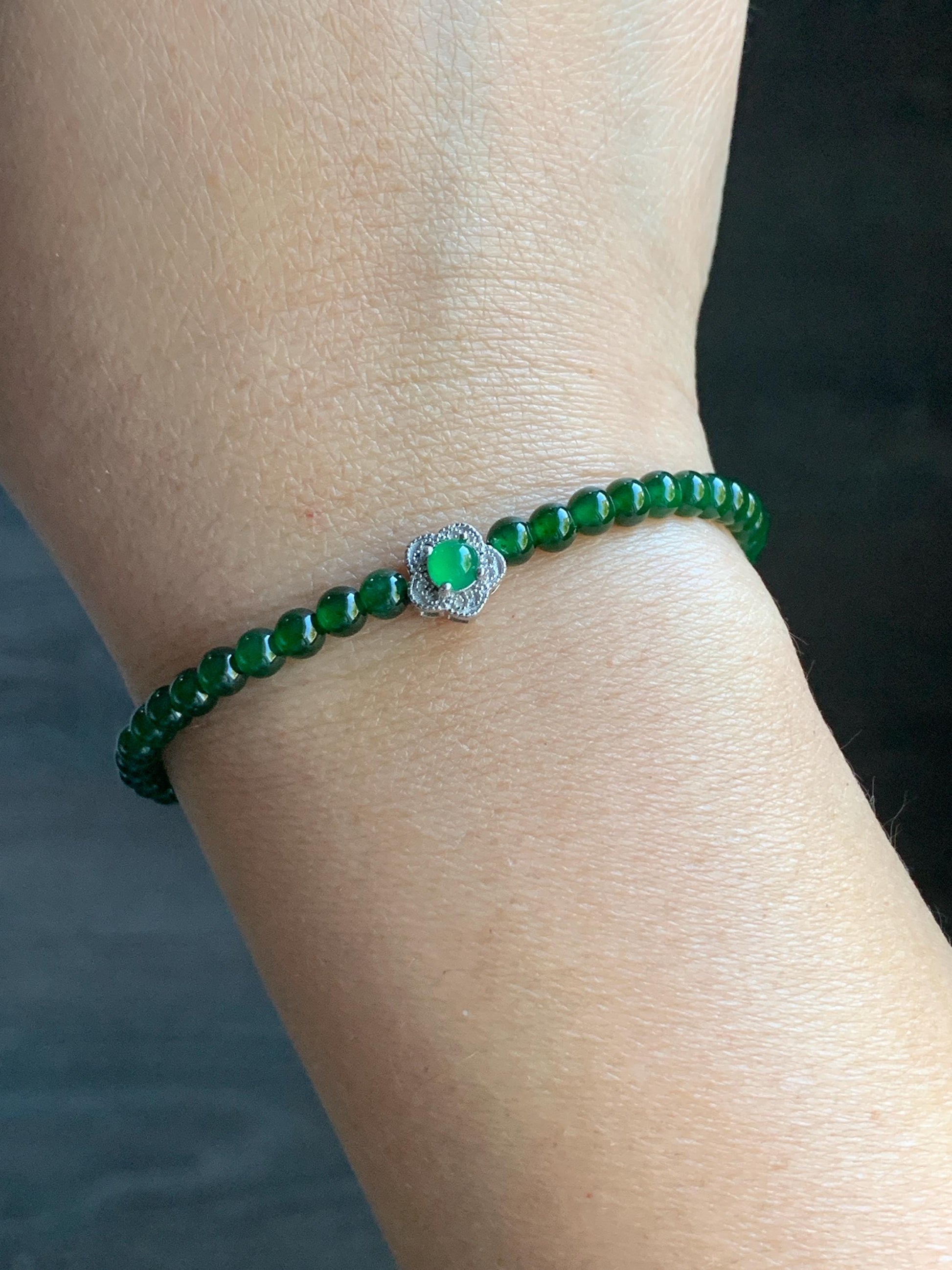 Natural Guatemalan Icy Translucent Vibrant Jadeite Petite Beads Cherry Blossom Charm Beaded Bracelet 6.75” Sterling Silver 天然冰危绿翡翠小圆珠梅花潘多拉手串