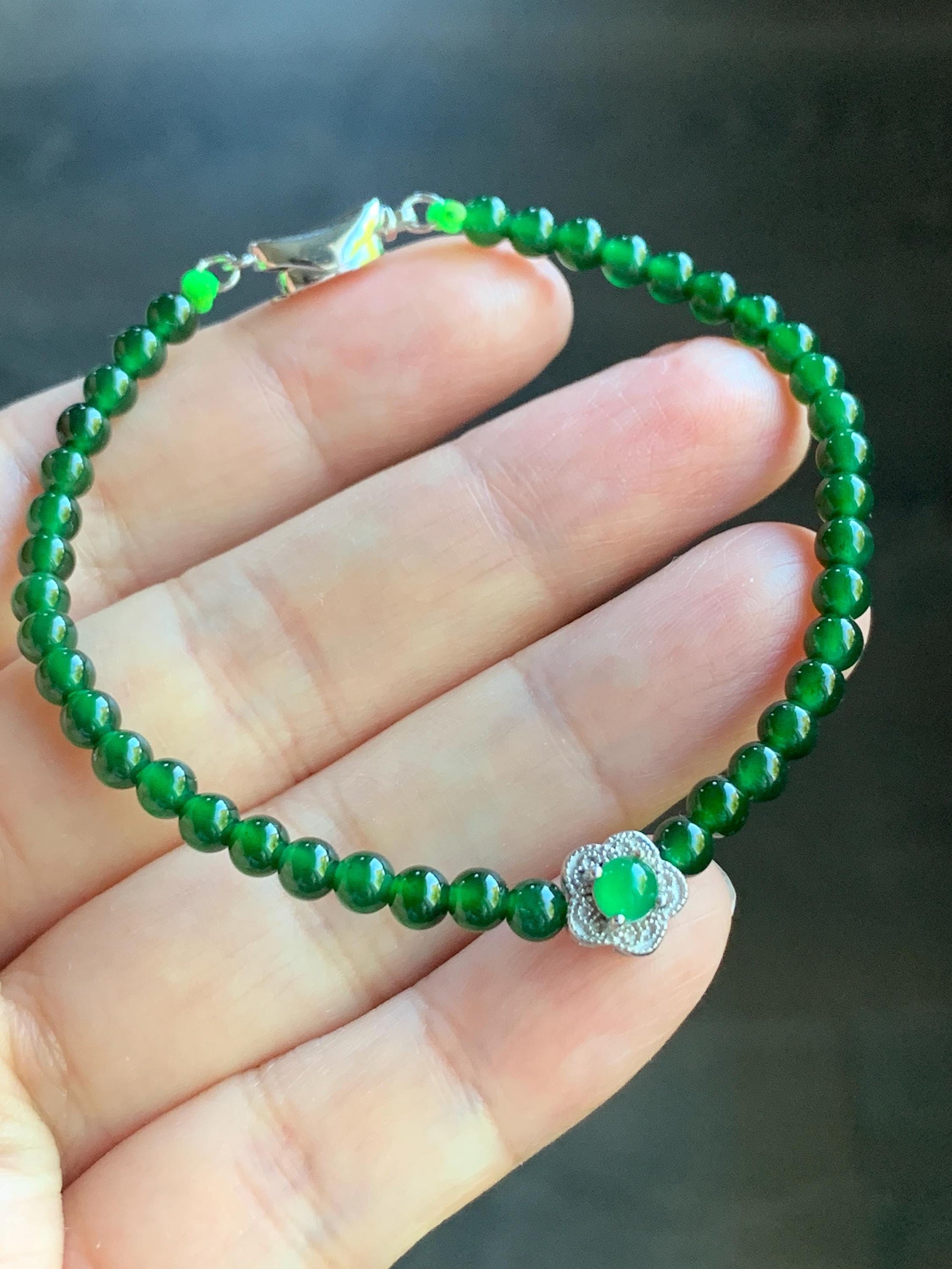 Natural Guatemalan Icy Translucent Vibrant Jadeite Petite Beads Cherry Blossom Charm Beaded Bracelet 6.75” Sterling Silver 天然冰危绿翡翠小圆珠梅花潘多拉手串