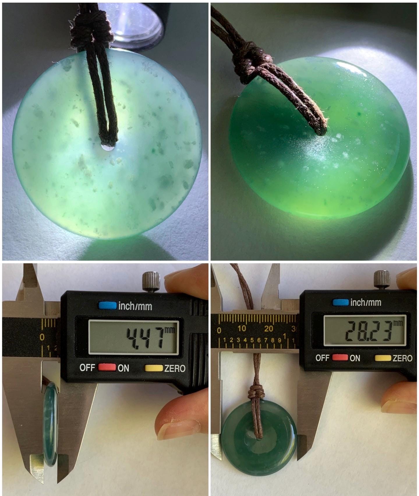 Natural Guatemalan Icy Highly Translucent Gelatinous Teal Green Jadeite Ping An Kou Donut Pendant Rope Necklace 26” 8g 天然老种冰胶危蓝绿翡翠平安扣吊坠