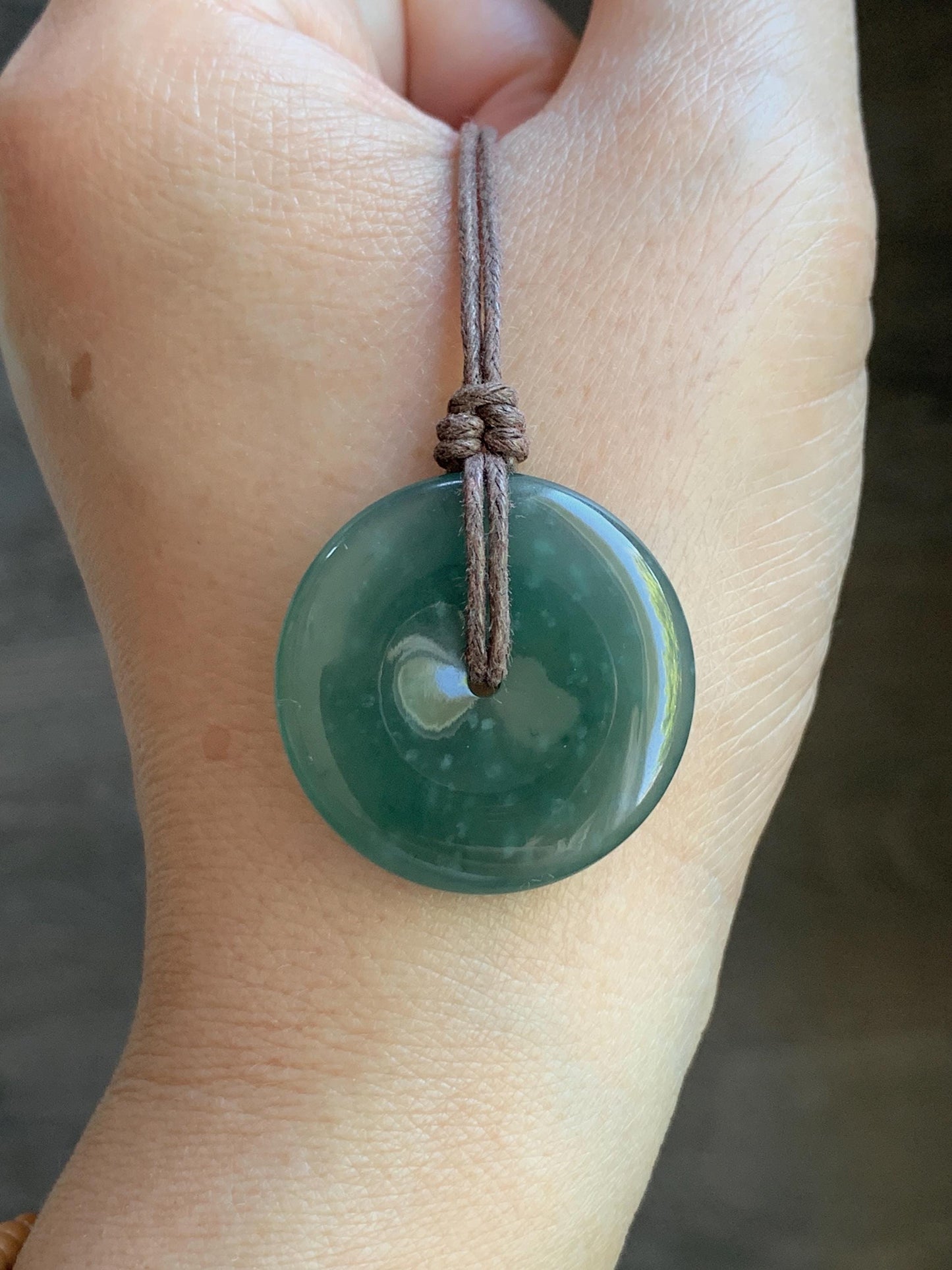 Natural Guatemalan Icy Highly Translucent Gelatinous Teal Green Jadeite Ping An Kou Donut Pendant Rope Necklace 26” 8g 天然老种冰胶危蓝绿翡翠平安扣吊坠
