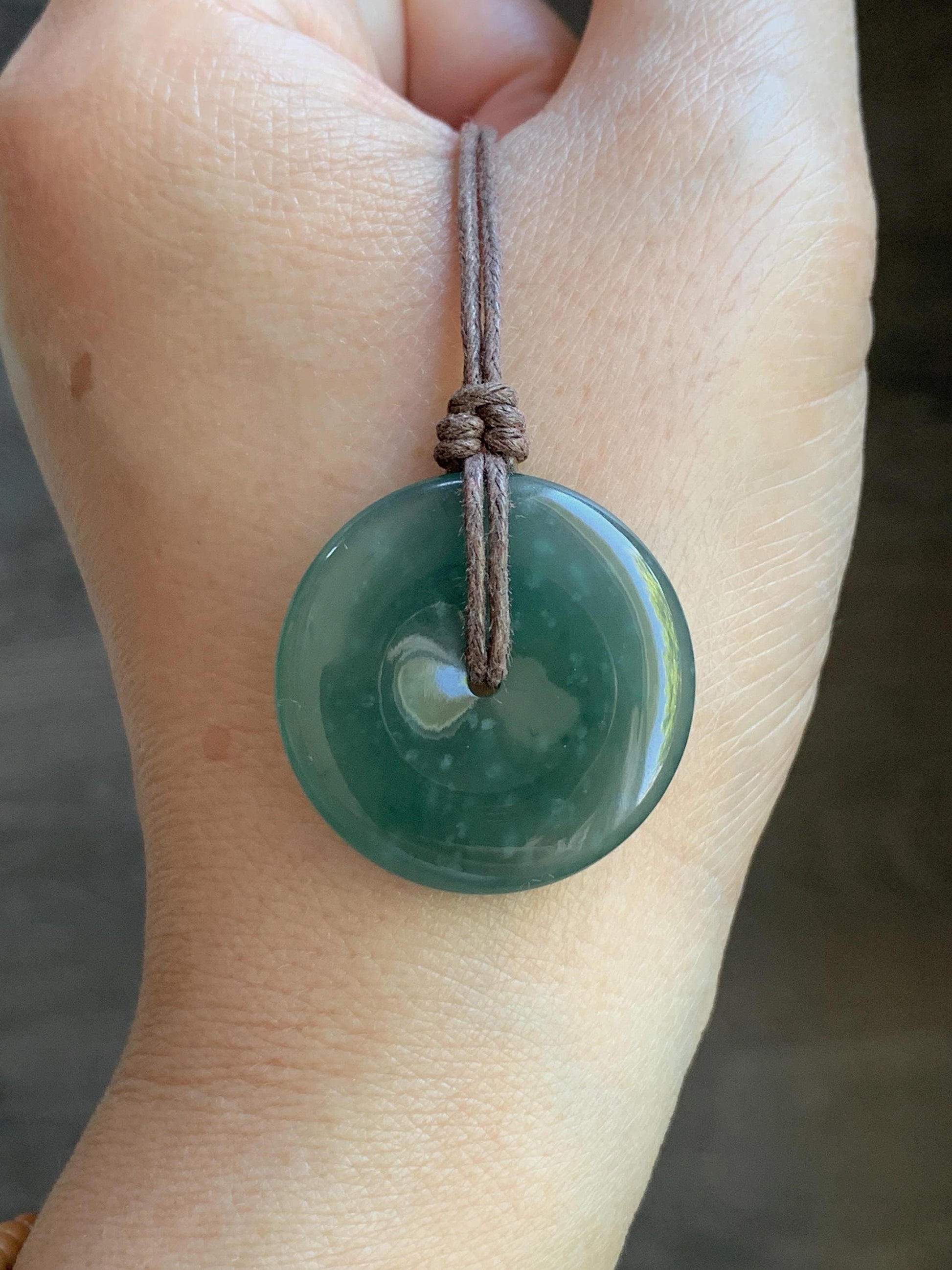 Natural Guatemalan Icy Highly Translucent Gelatinous Teal Green Jadeite Ping An Kou Donut Pendant Rope Necklace 26” 8g 天然老种冰胶危蓝绿翡翠平安扣吊坠