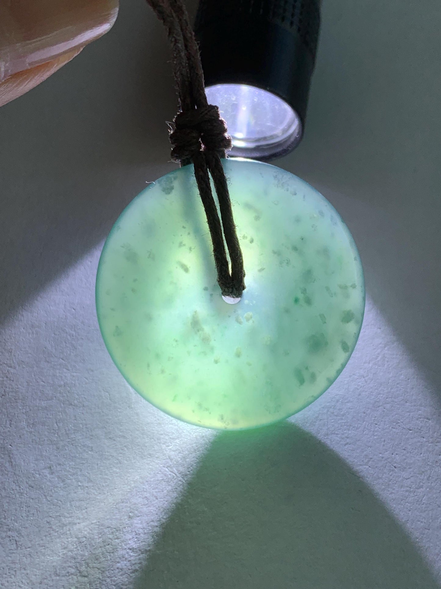 Natural Guatemalan Icy Highly Translucent Gelatinous Teal Green Jadeite Ping An Kou Donut Pendant Rope Necklace 26” 8g 天然老种冰胶危蓝绿翡翠平安扣吊坠