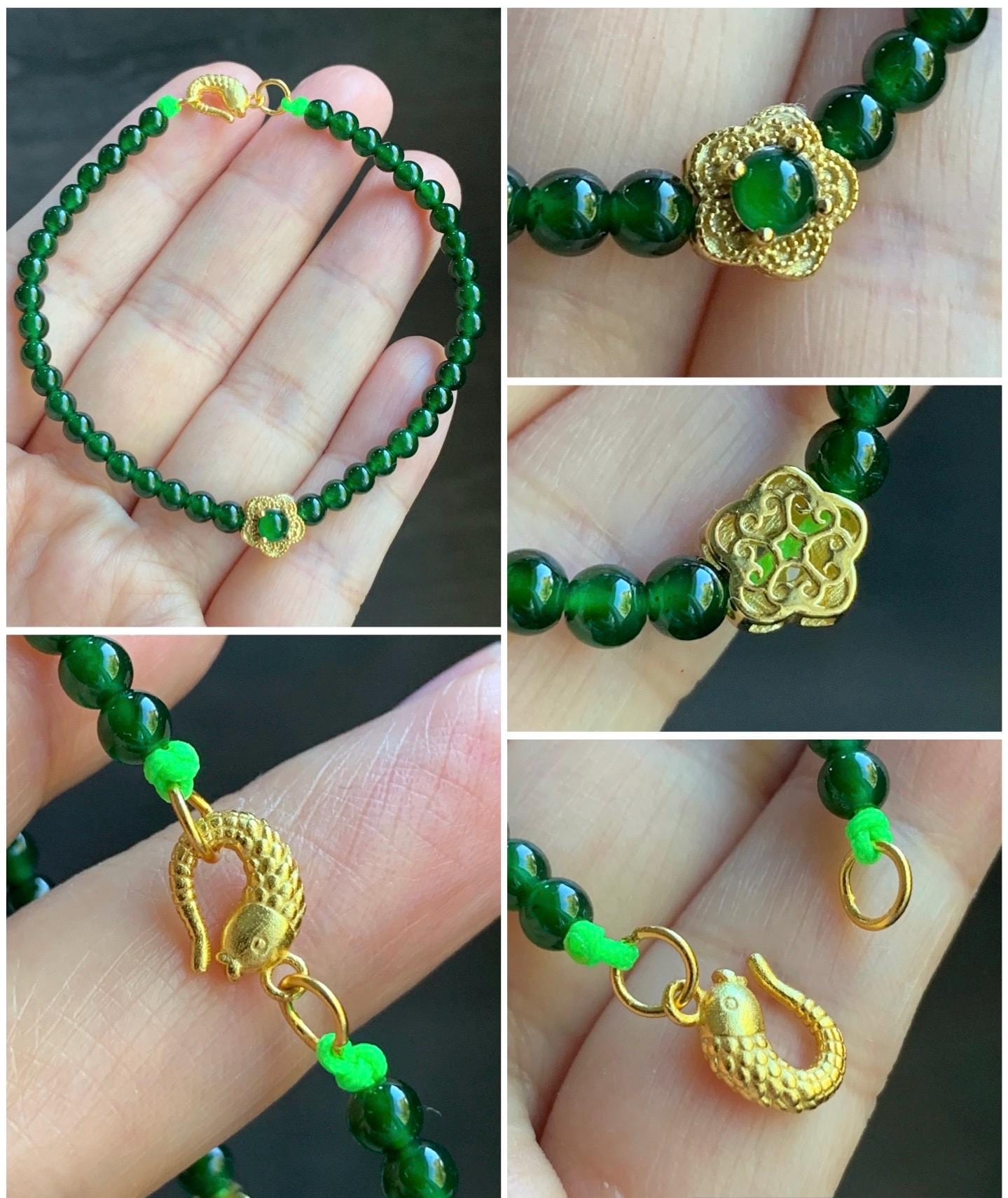 Natural Guatemalan Icy Translucent Vibrant Jadeite Petite Beads Cherry Blossom Charm Beaded Bracelet 6.75” Sterling Silver 天然冰危绿翡翠小圆珠梅花潘多拉手串