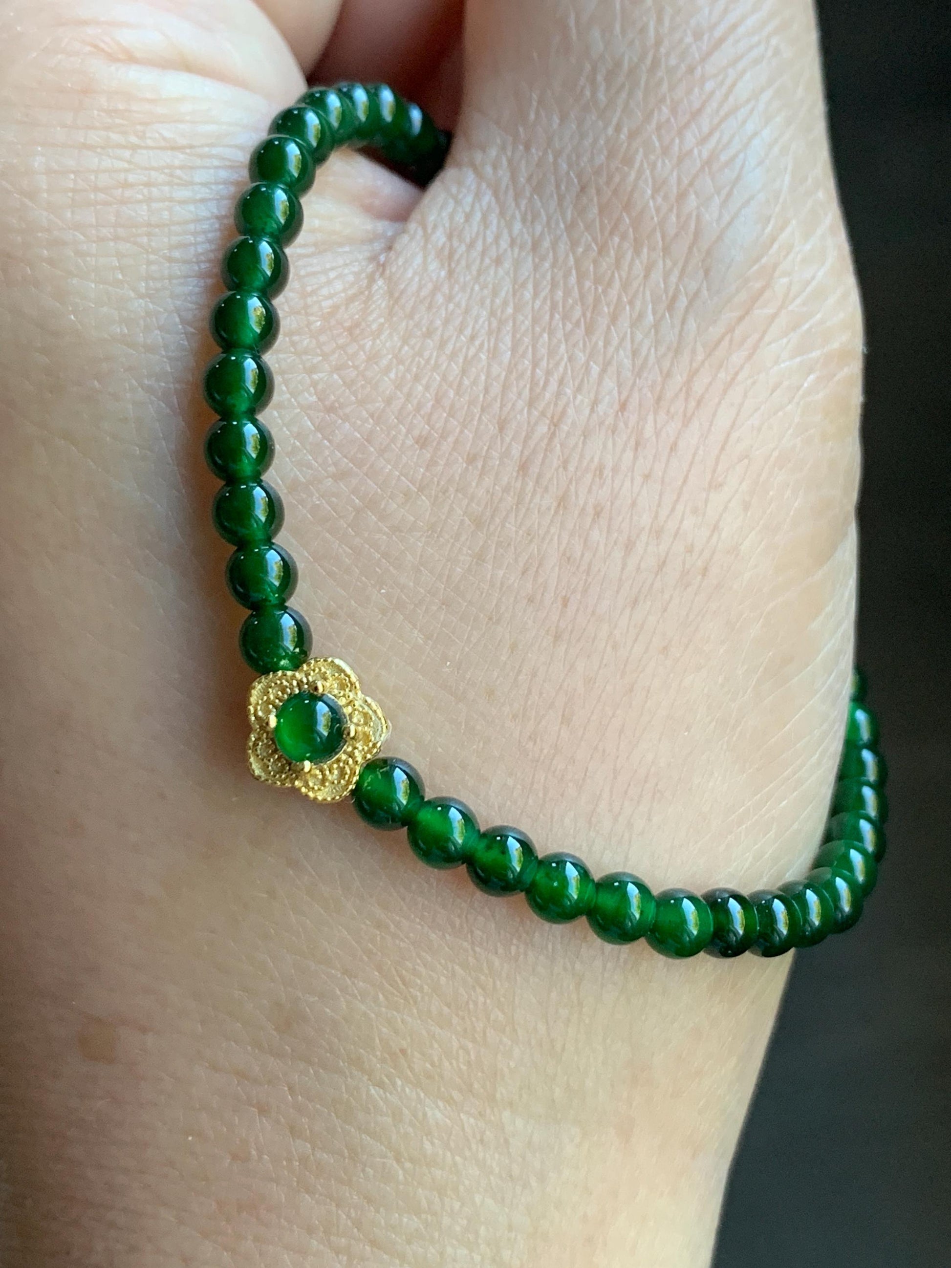 Natural Guatemalan Icy Translucent Vibrant Jadeite Petite Beads Cherry Blossom Charm Beaded Bracelet 6.75” Sterling Silver 天然冰危绿翡翠小圆珠梅花潘多拉手串