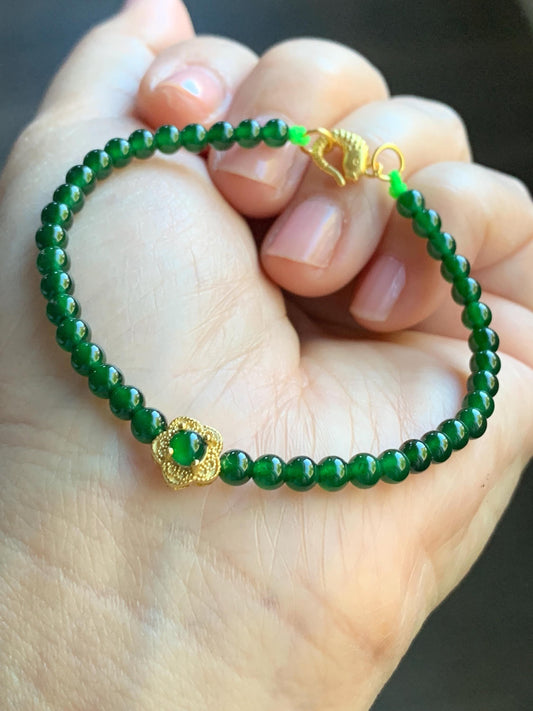 Natural Guatemalan Icy Translucent Vibrant Jadeite Petite Beads Cherry Blossom Charm Beaded Bracelet 6.75” Sterling Silver 天然冰危绿翡翠小圆珠梅花潘多拉手串