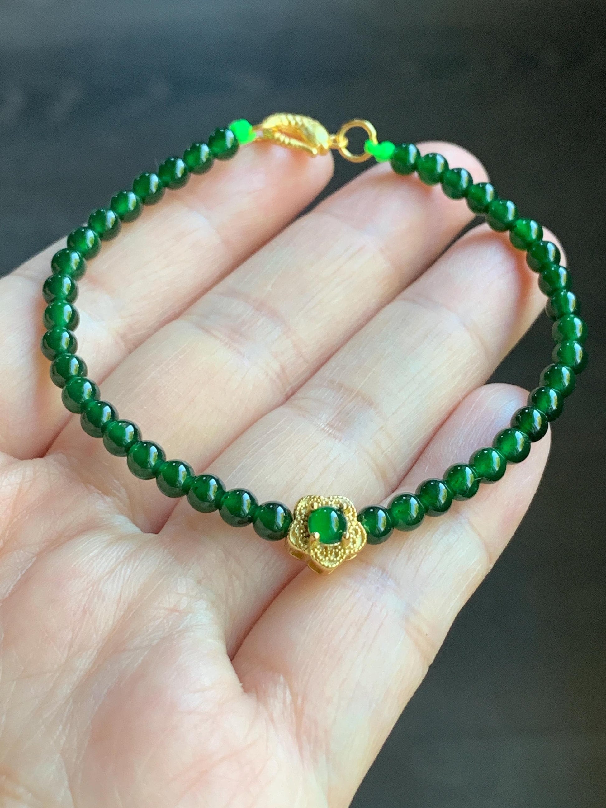 Natural Guatemalan Icy Translucent Vibrant Jadeite Petite Beads Cherry Blossom Charm Beaded Bracelet 6.75” Sterling Silver 天然冰危绿翡翠小圆珠梅花潘多拉手串