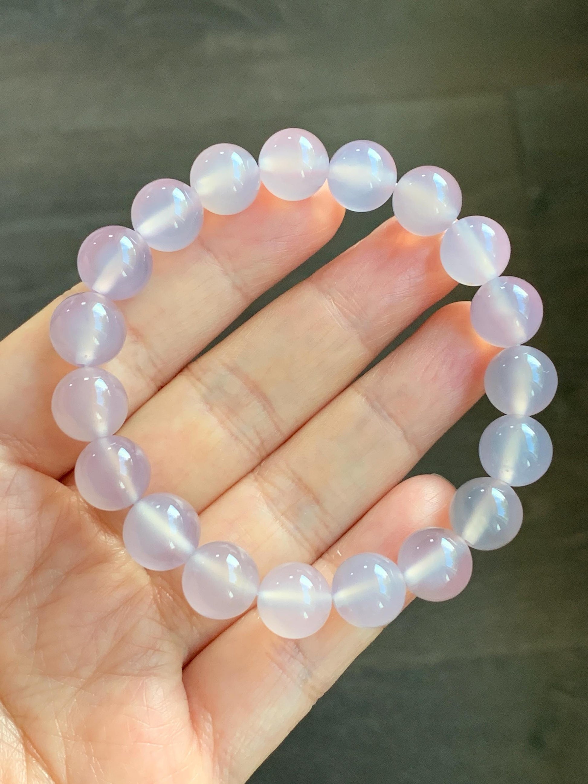 Natural Icy Highly Translucent Light Pinkish Purple Agate Large Beads Beaded Bracelet 10mm 26g 7” 天然高冰品质淡粉紫玛瑙圆珠手串 B