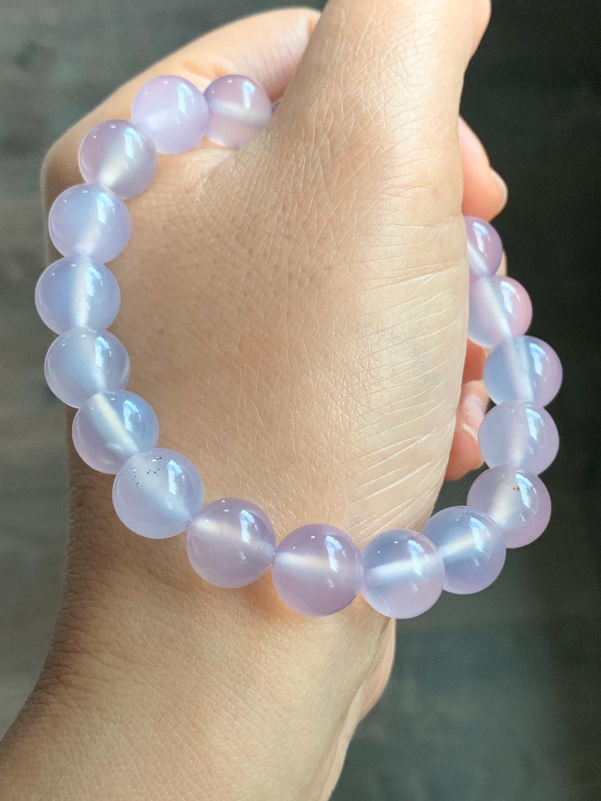 Natural Icy Highly Translucent Light Pinkish Purple Agate Large Beads Beaded Bracelet 10mm 28g 7.5” 天然高冰品质淡粉紫玛瑙圆珠手串 A