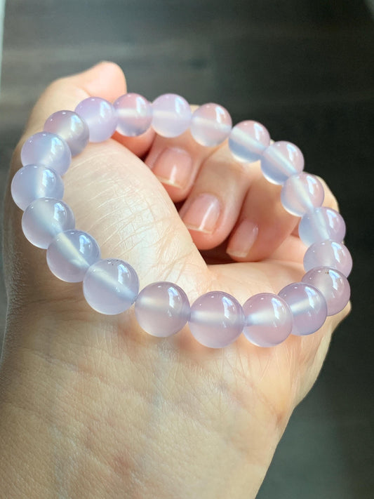 Natural Icy Highly Translucent Light Pinkish Purple Agate Large Beads Beaded Bracelet 10mm 28g 7.5” 天然高冰品质淡粉紫玛瑙圆珠手串 A