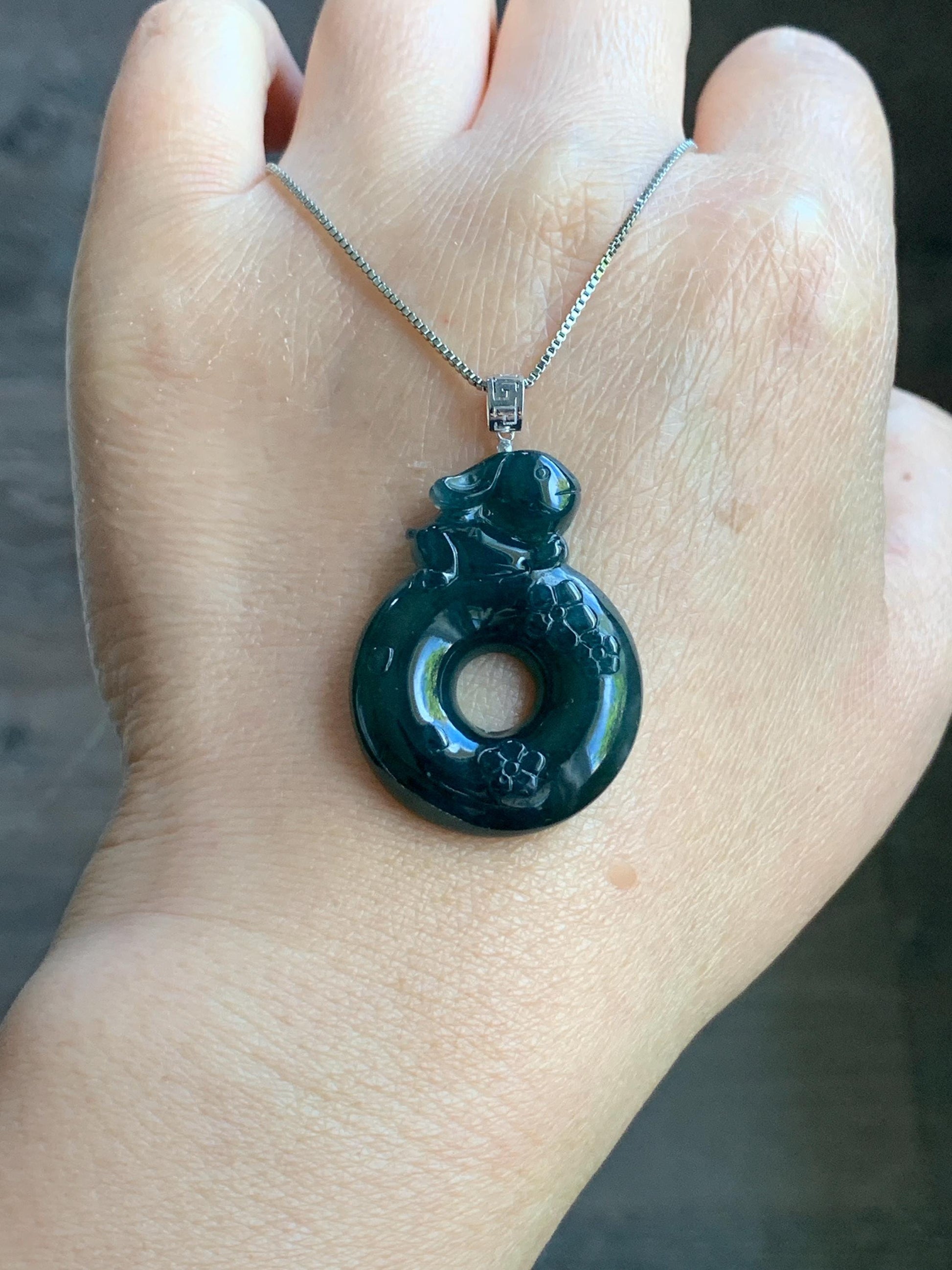 Natural Guatemalan Icy Translucent Dark Teal Blue Jadeite Rabbit Cherry Blossom Ping An Kou Donut Pendant 18K White Gold 天然冰危深蓝翡翠小兔梅花平安扣吊坠