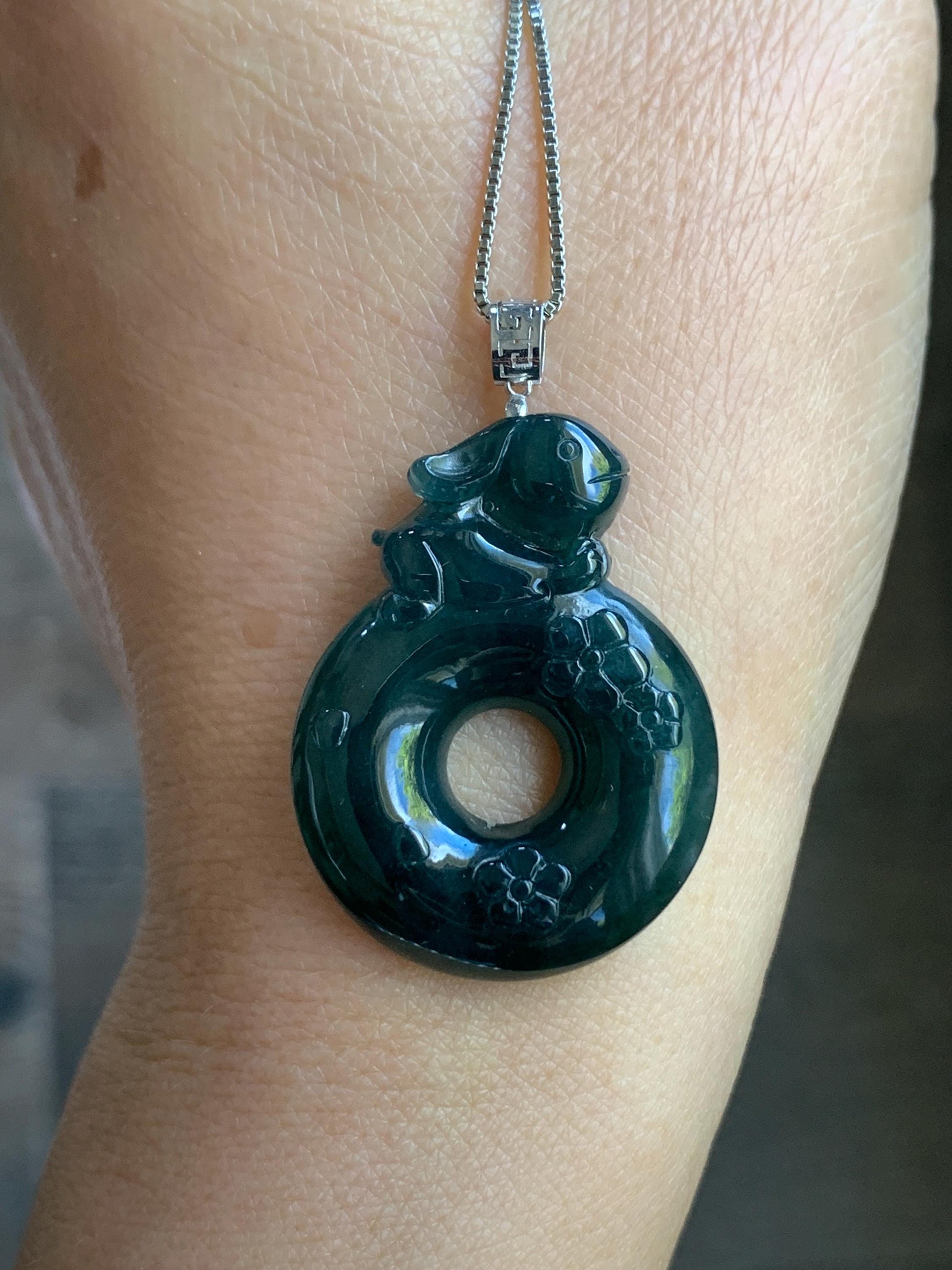 Natural Guatemalan Icy Translucent Dark Teal Blue Jadeite Rabbit Cherry Blossom Ping An Kou Donut Pendant 18K White Gold 天然冰危深蓝翡翠小兔梅花平安扣吊坠