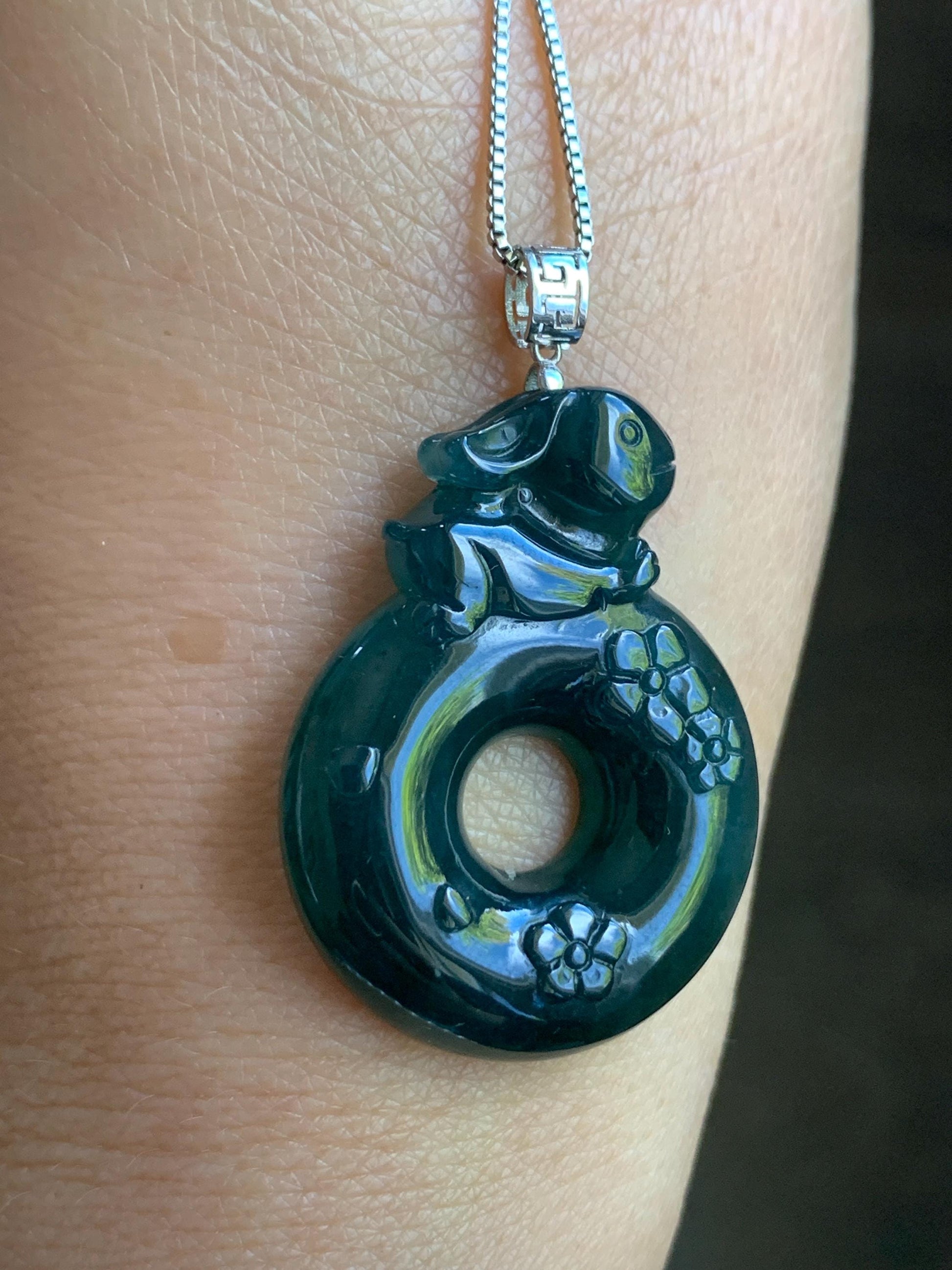 Natural Guatemalan Icy Translucent Dark Teal Blue Jadeite Rabbit Cherry Blossom Ping An Kou Donut Pendant 18K White Gold 天然冰危深蓝翡翠小兔梅花平安扣吊坠