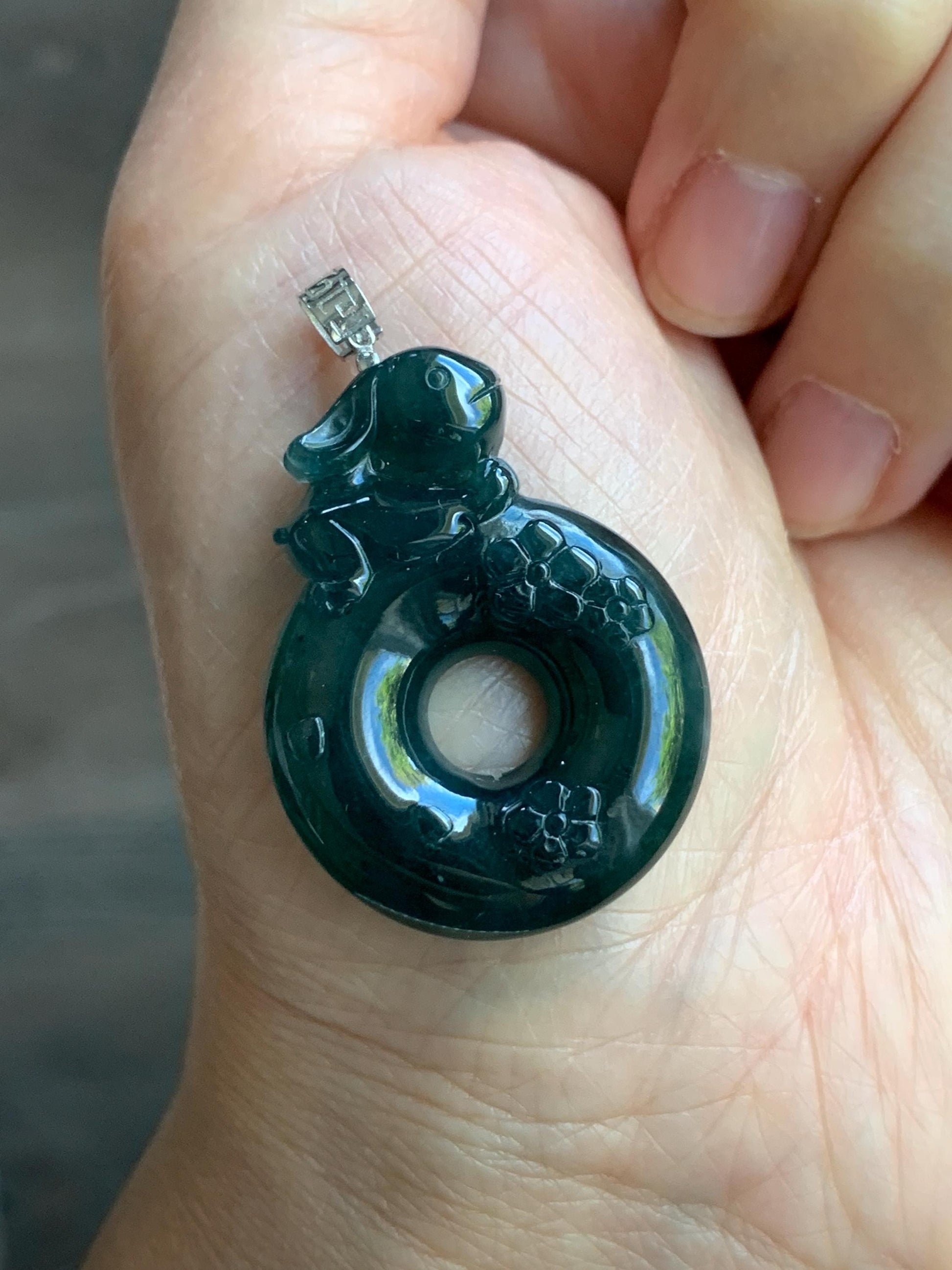 Natural Guatemalan Icy Translucent Dark Teal Blue Jadeite Rabbit Cherry Blossom Ping An Kou Donut Pendant 18K White Gold 天然冰危深蓝翡翠小兔梅花平安扣吊坠