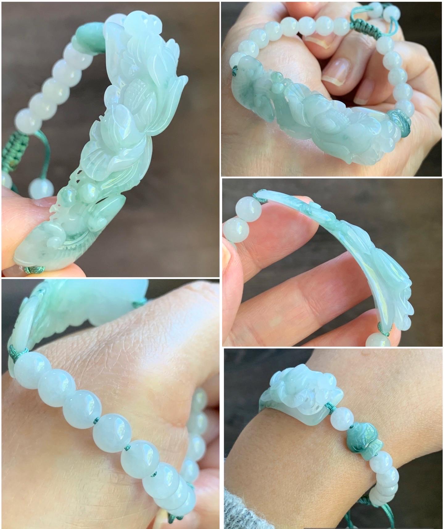 Certified Natural Burmese Icy Translucent Light Green & Teal Green Marbled Jadeite Lotus Flower Ruyi Cuff Beaded Bracelet 天然缅甸冰晴飘花翡翠莲花如意手牌手串