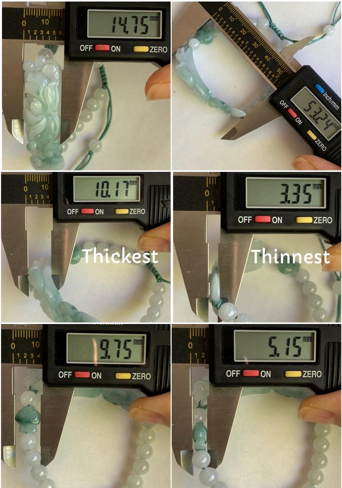 Certified Natural Burmese Icy Translucent Light Green & Teal Green Marbled Jadeite Lotus Flower Ruyi Cuff Beaded Bracelet 天然缅甸冰晴飘花翡翠莲花如意手牌手串