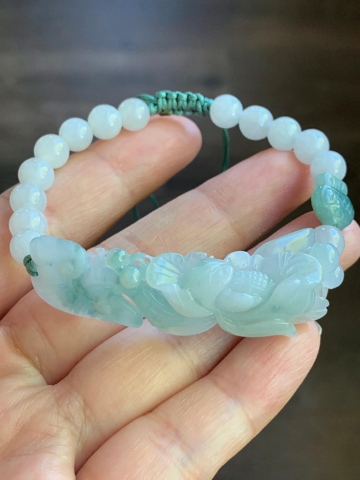 Certified Natural Burmese Icy Translucent Light Green & Teal Green Marbled Jadeite Lotus Flower Ruyi Cuff Beaded Bracelet 天然缅甸冰晴飘花翡翠莲花如意手牌手串
