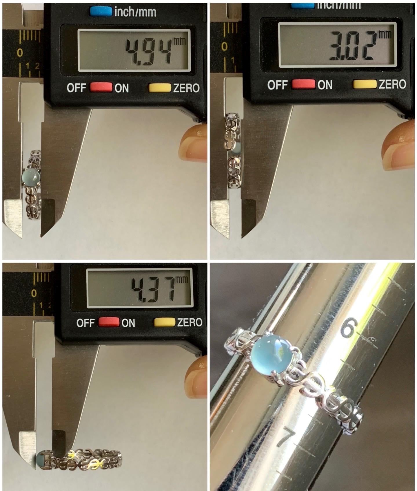 Natural Guatemalan Icy Translucent Gelatinous Light Blue Jadeite Solitaire Open Band Ring Sterling Silver size 6.5 Adjustable 天然冰危淡蓝翡翠开口银镶戒指