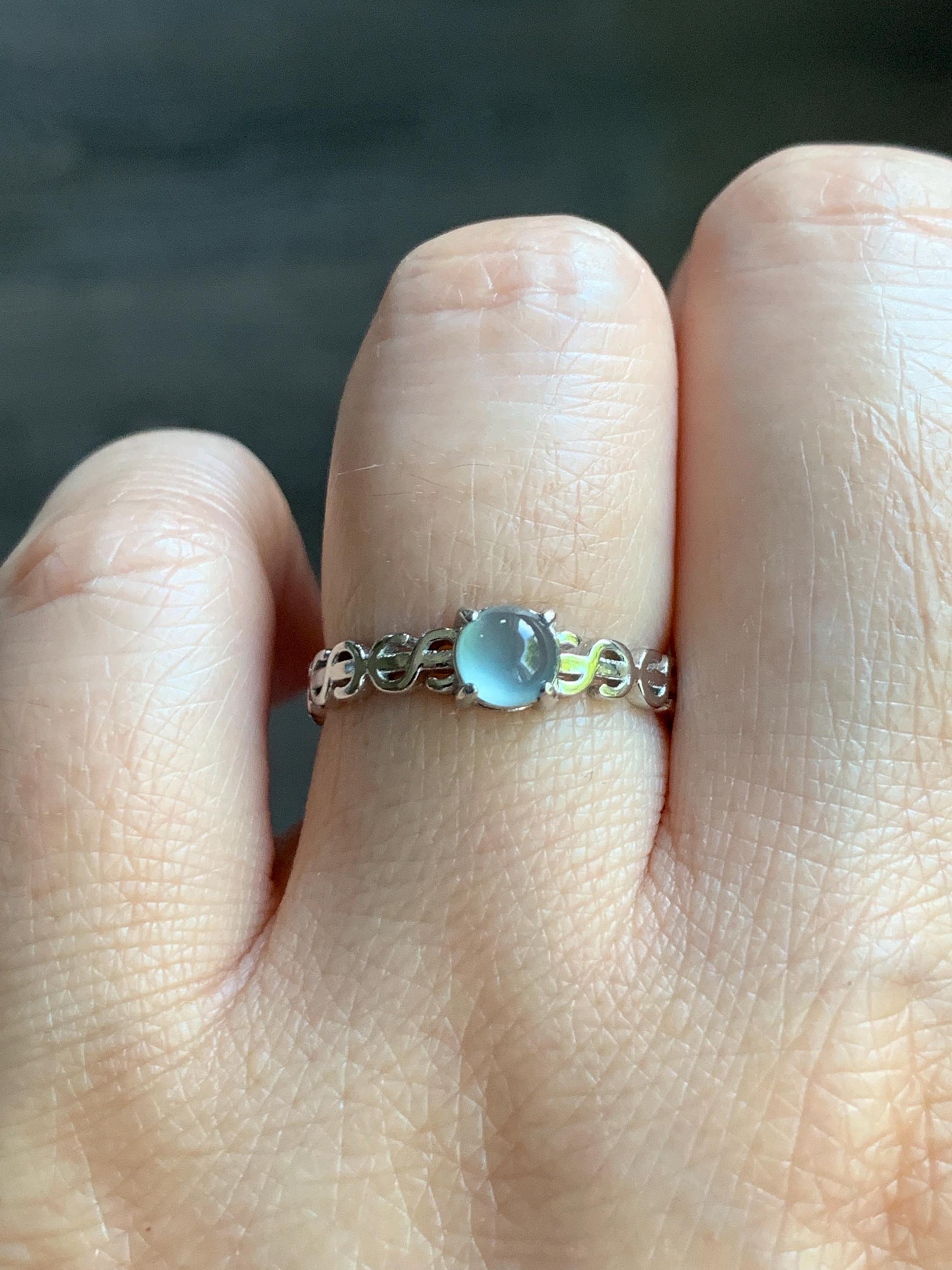 Natural Guatemalan Icy Translucent Gelatinous Light Blue Jadeite Solitaire Open Band Ring Sterling Silver size 6.5 Adjustable 天然冰危淡蓝翡翠开口银镶戒指